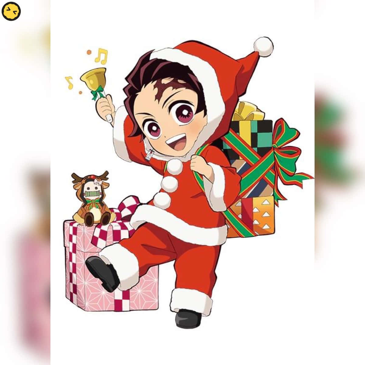 Anime Christmas 桌布 壁紙 — 一個開心的動畫男孩穿著聖誕老人服裝，高興地拿著鈴鐺，並在一個圖案禮物旁邊背著一袋色彩繽紛的禮物。