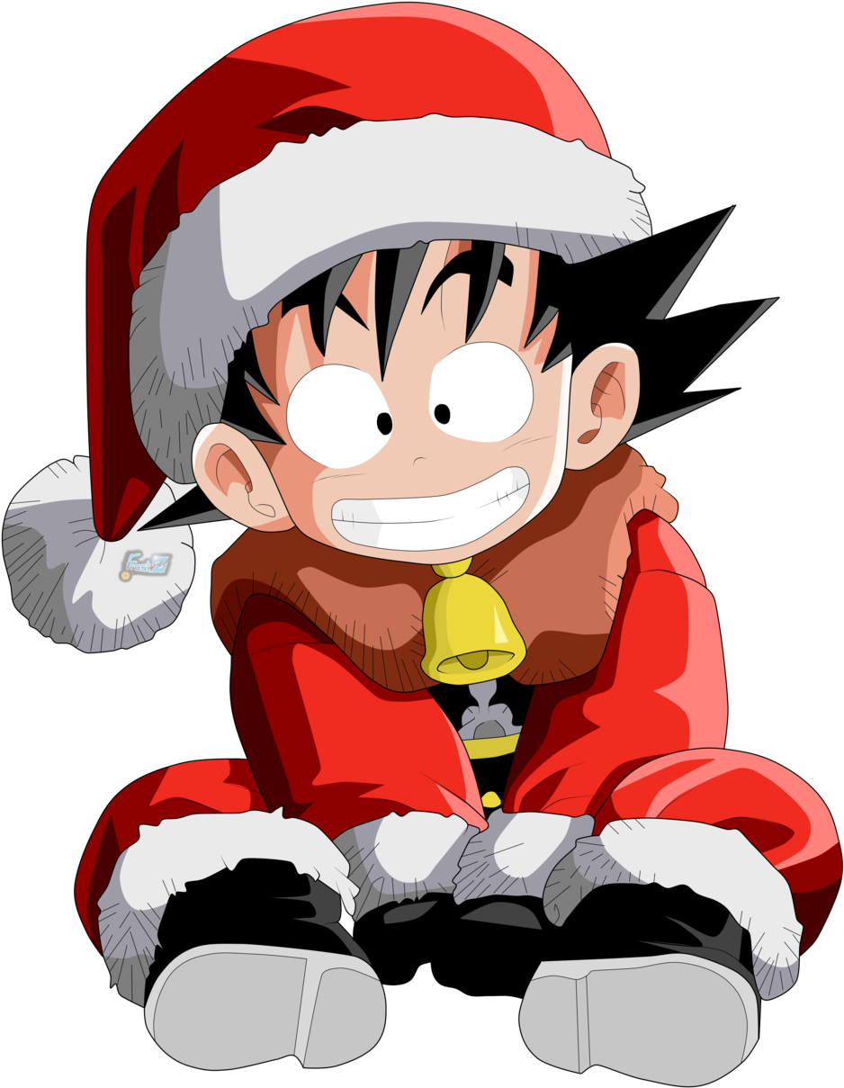 kid goku 桌布 壁紙 — 一個開心的動畫男孩穿著聖誕老人服裝，戴著鈴鐺項鍊，在黑色背景下盤腿而坐。
