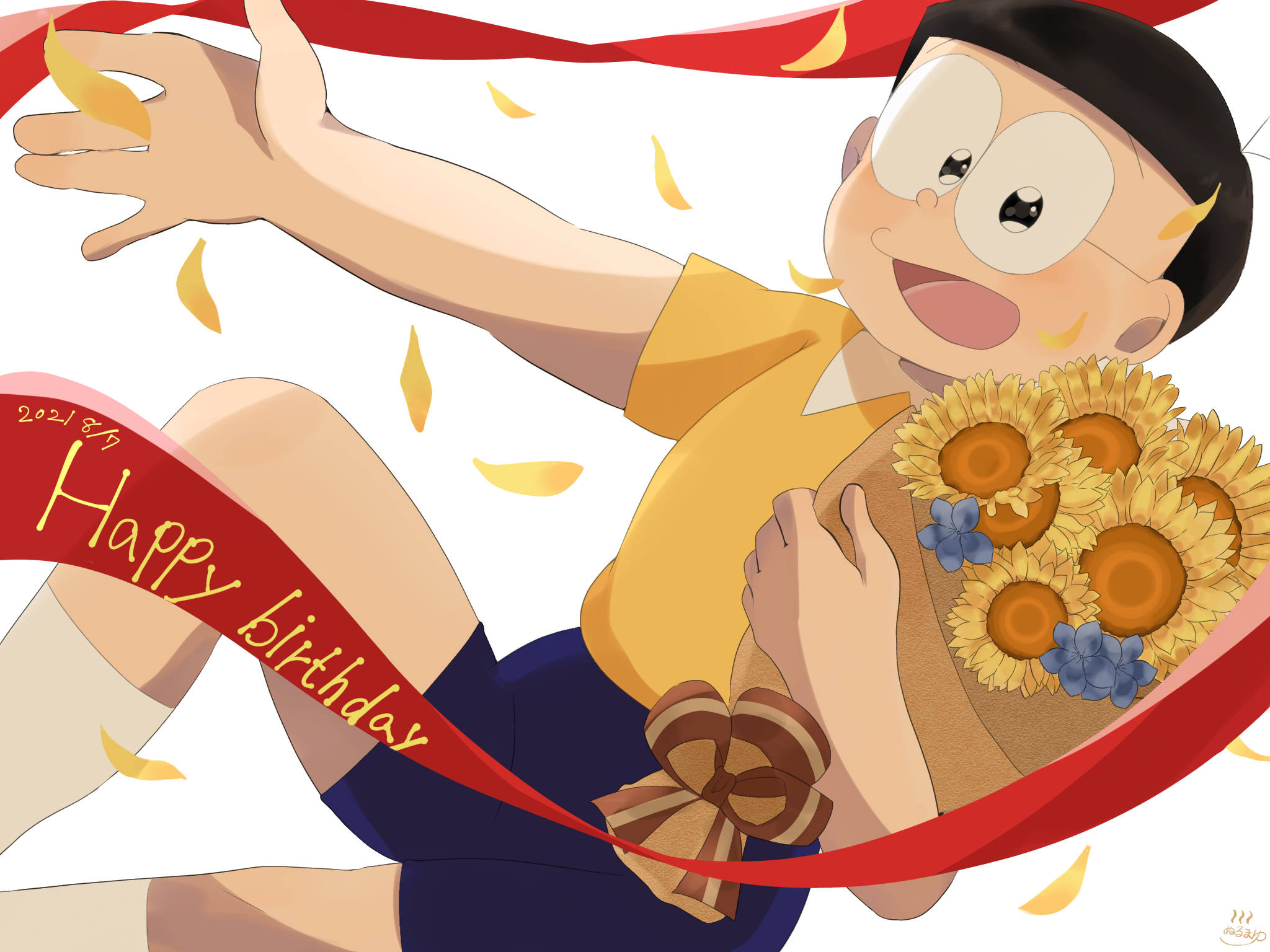 Cute Doraemon 桌布 壁紙 — 一個開心的動畫男孩穿著黃色襯衫，高興地拿著向日葵和一條寫著happy birthday的紅色絲帶，金色樹葉在他周圍旋轉。