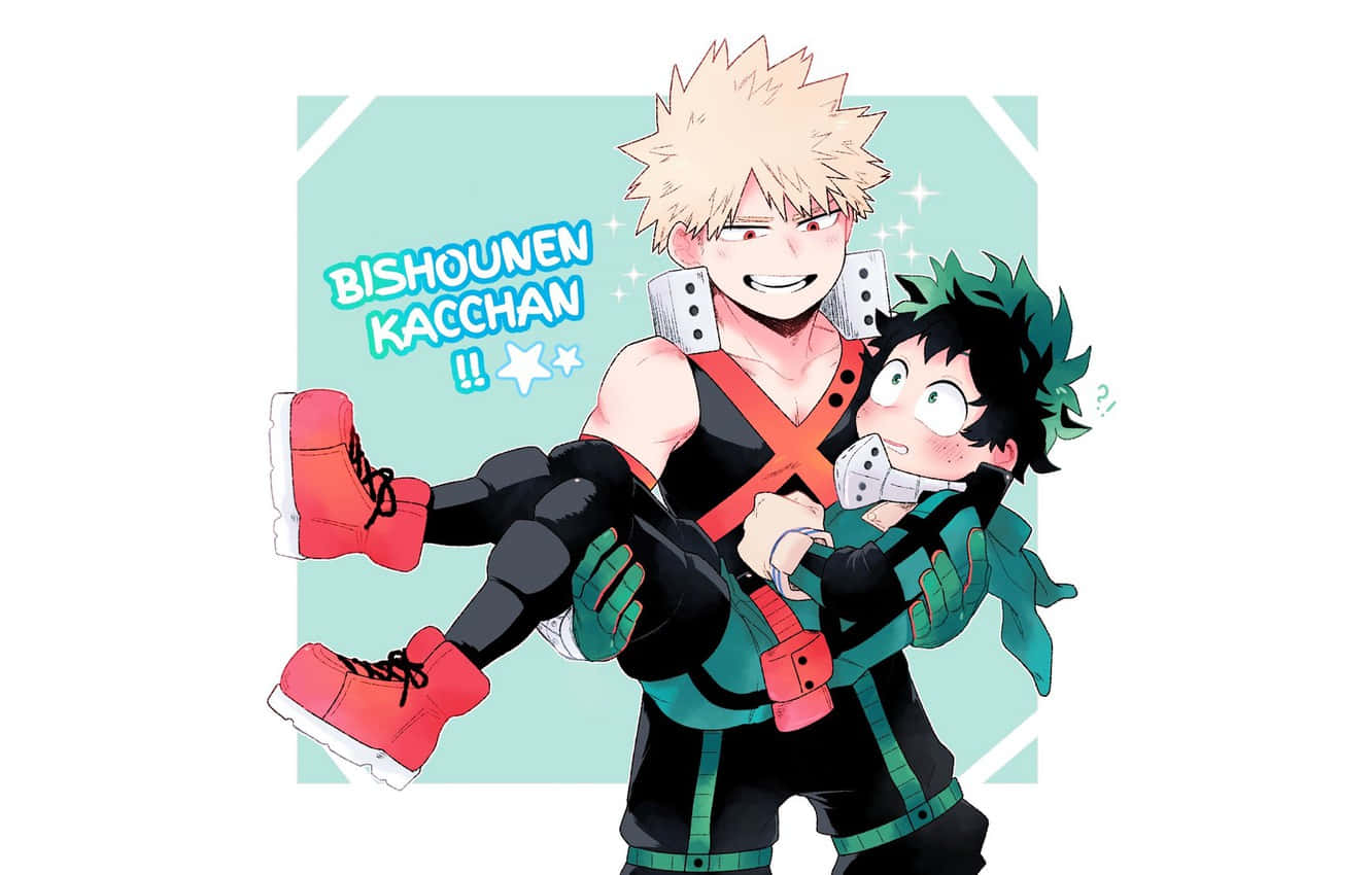 Mha 桌布 壁紙 — 一個開心的動畫男孩穿著黑色和紅色的衣服，抱著一個驚訝的綠髮男孩，穿著青綠色外套，背景是淺藍色。