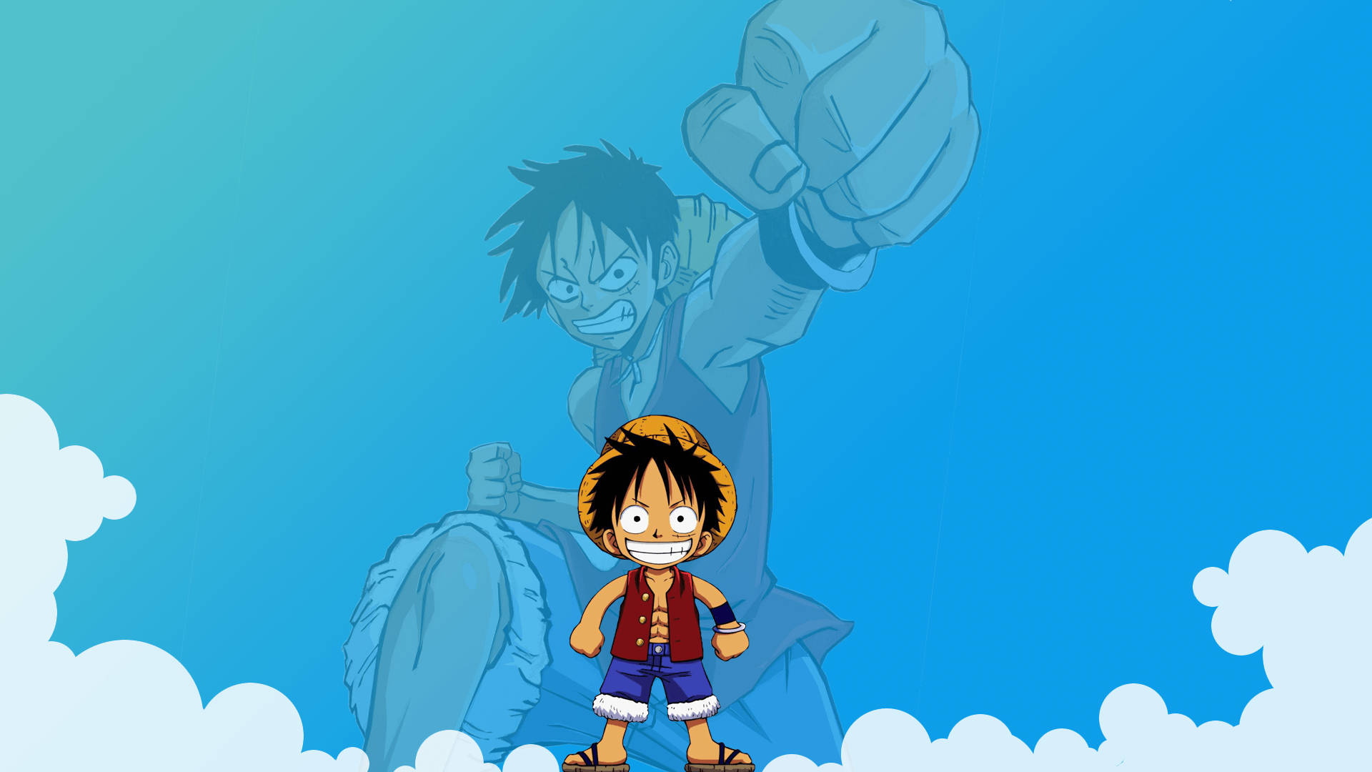 luffy smile 桌布 壁紙 — 一個開心的動畫男孩站在一個巨大的拳頭剪影前，背景是明亮的藍天和蓬鬆的雲朵。