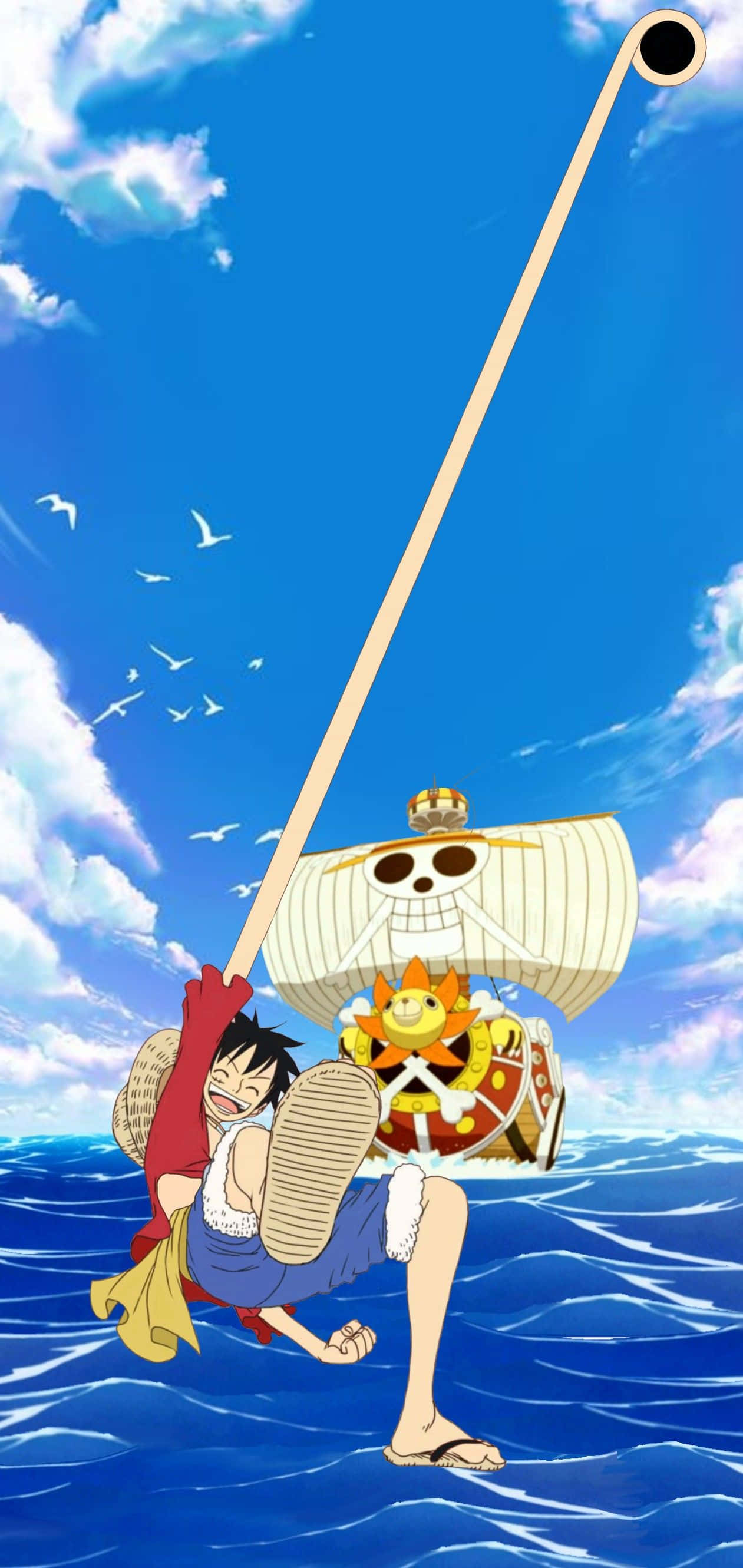 Thousand Sunny 桌布 壁紙 — 一個開心的動畫男孩跳過海浪，手持巨型釣竿，背景有船和骷髏旗，天空湛藍。