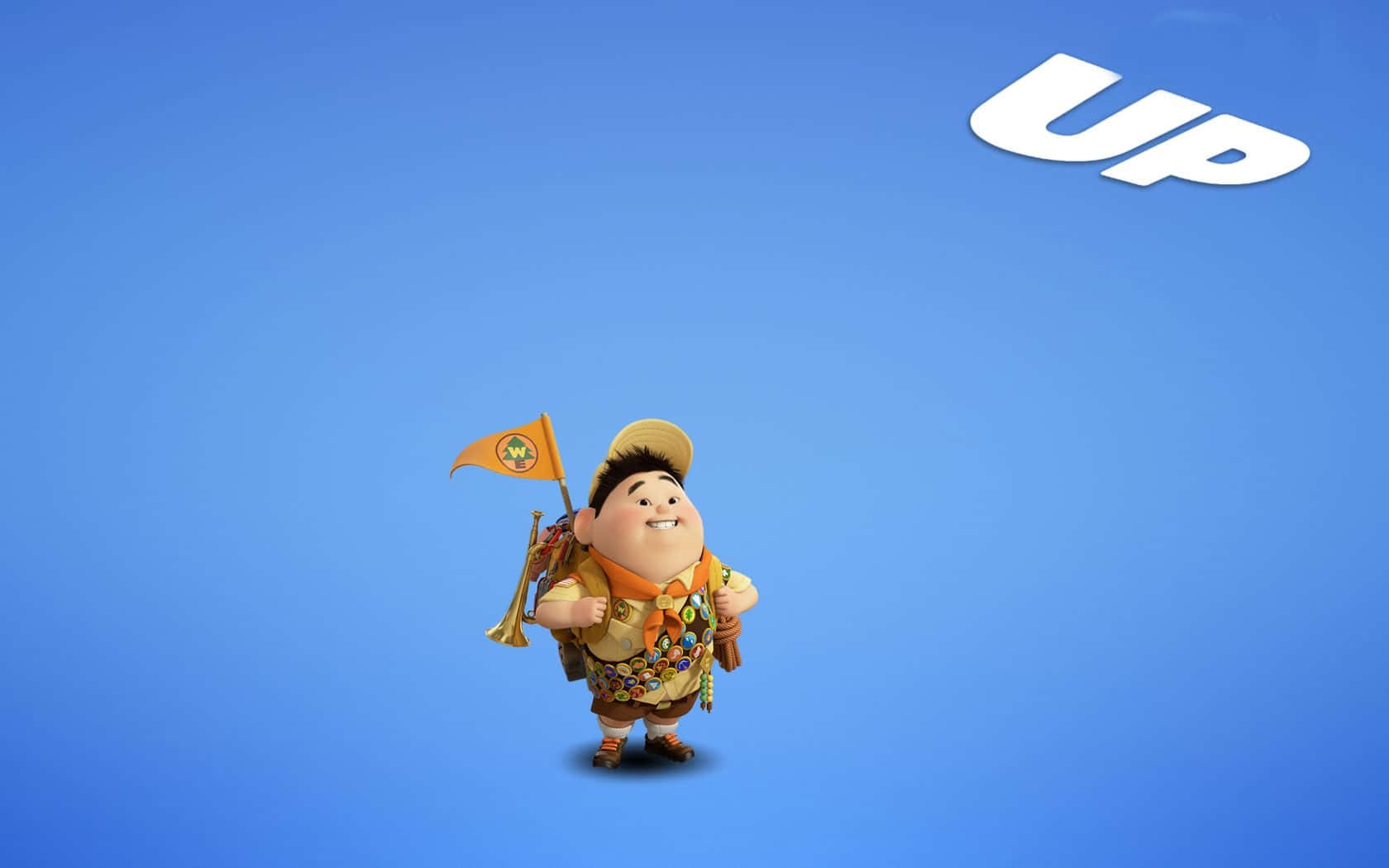 Animated 桌布 壁紙 — 一個開心的動畫男童軍拿著旗幟和號角，自豪地站在純藍色背景上，上方漂浮著「UP」字樣。