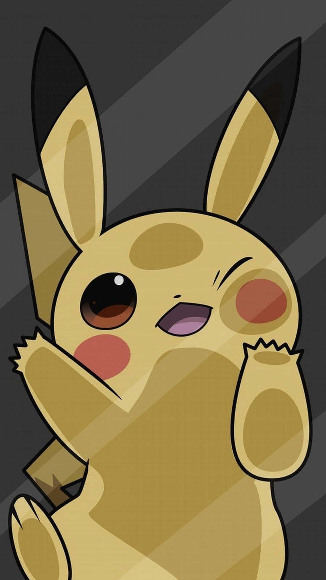 Pokemon Characters 桌布 壁紙 — 一個開心的動畫皮卡丘眨眼並舉起爪子，背景是深灰色斜條紋。