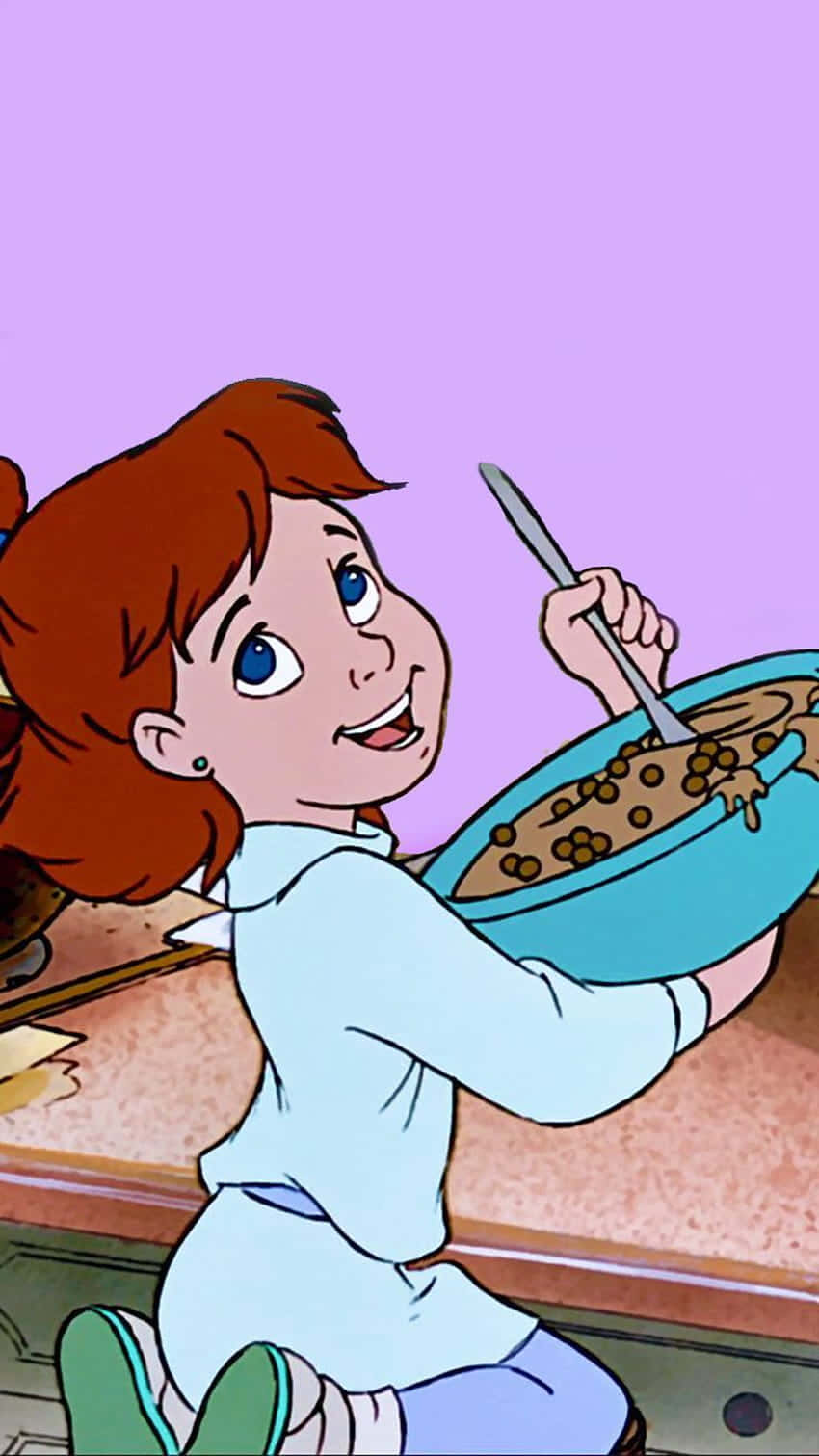 oliver and company 桌布 壁紙 — 一個開心的動畫紅髮女孩坐在廚房檯上，開心地攪拌著一大碗巧克力穀物片。