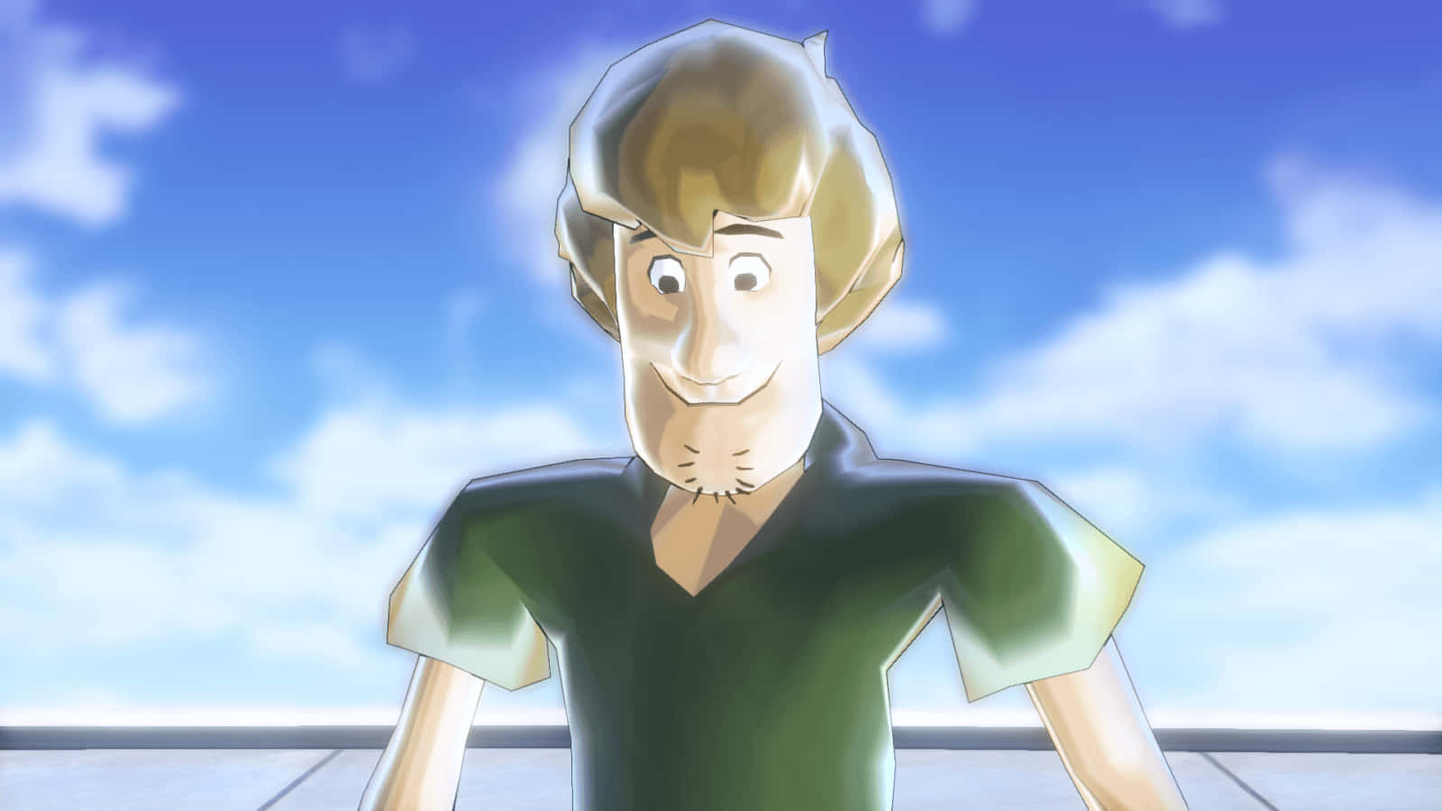 Shaggy Rogers 桌布 壁紙 — 一個開心的動畫角色，金髮綠衫，站在明亮的藍天白雲下。
