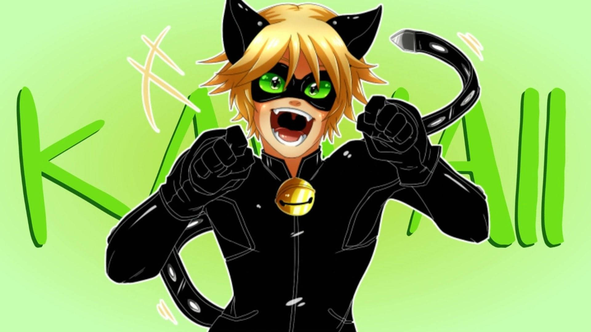 Cat Noir 桌布 壁紙 — 一個開心的動畫貓英雄，金髮綠眼，身穿黑色服裝，在明亮的綠色背景前擺出動感姿勢。