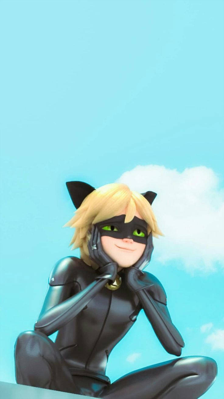 Cat Noir 桌布 壁紙 — 一個開心的動畫貓英雄，金髮綠眼，坐在壁架上，背景是晴朗的藍天和蓬鬆的白雲。