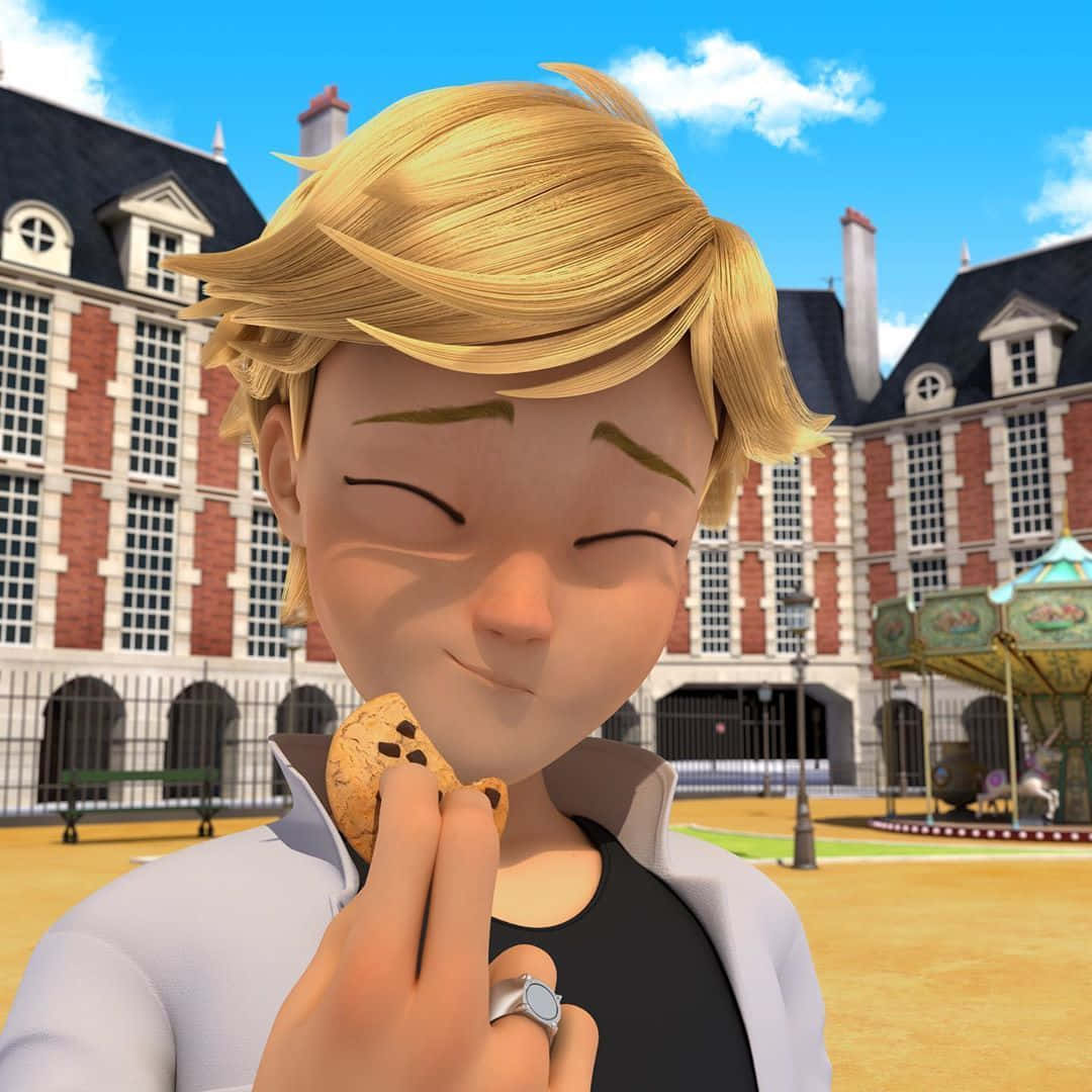 Adrien Agreste 桌布 壁紙 — 一個開心的動畫金髮男孩在陽光明媚的歐洲廣場上享用巧克力餅乾，廣場上有歷史建築和旋轉木馬。