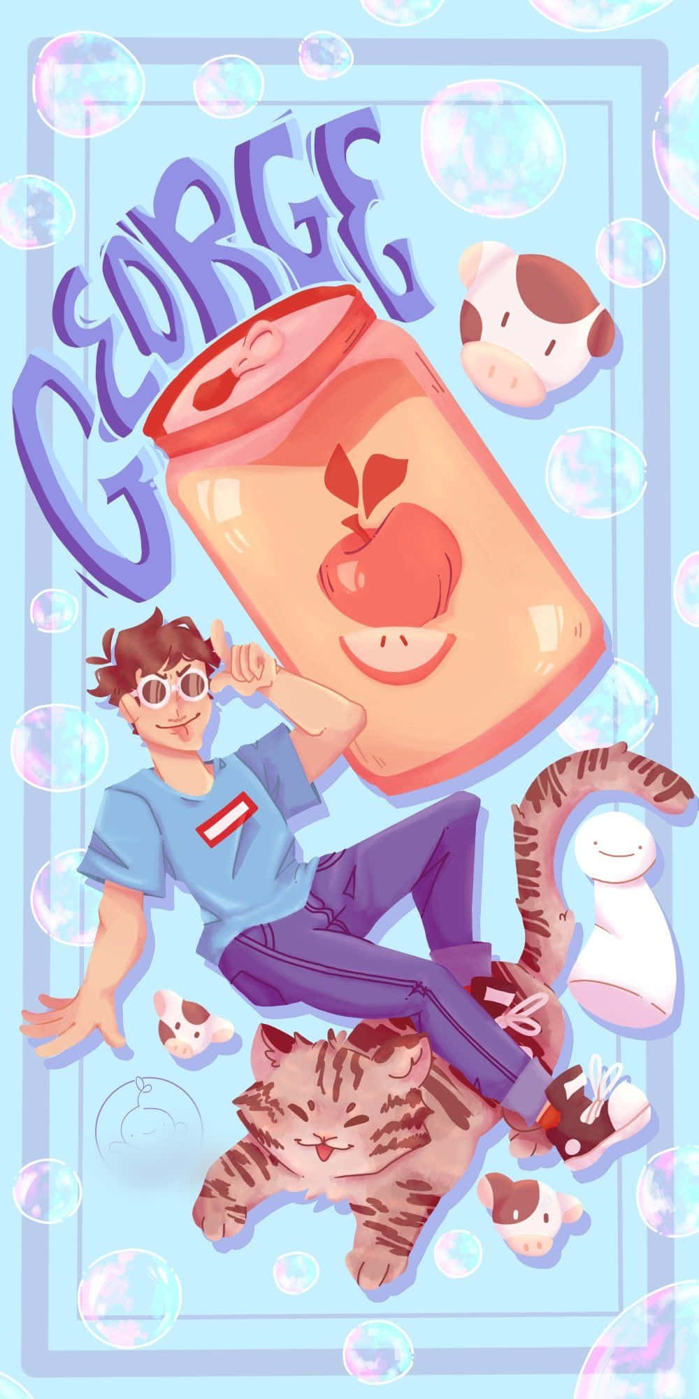 Animated 桌布 壁紙 — 一個開心的動畫風格男孩，拿著巨大的蘋果汽水罐和可愛的貓咪與乳牛絨毛玩具，在漂浮的泡泡中放鬆。