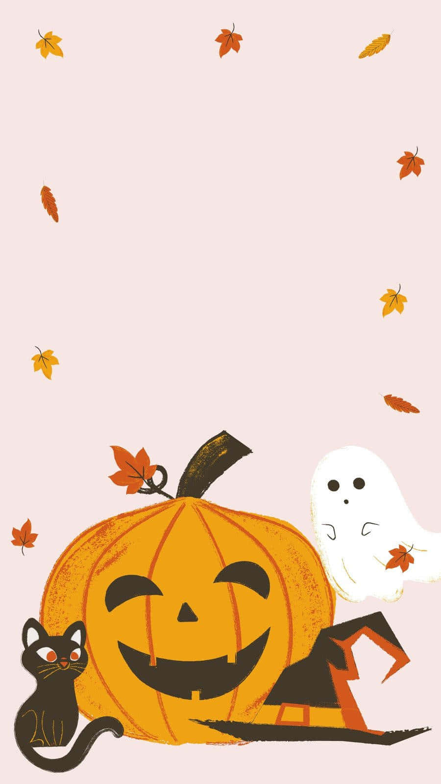 iPhone Cute Halloween 桌布 壁紙 — 一個開心的南瓜燈，旁邊有一隻黑貓和一個鬼魂，周圍散落著秋天的落葉，背景是柔和的粉紅色。