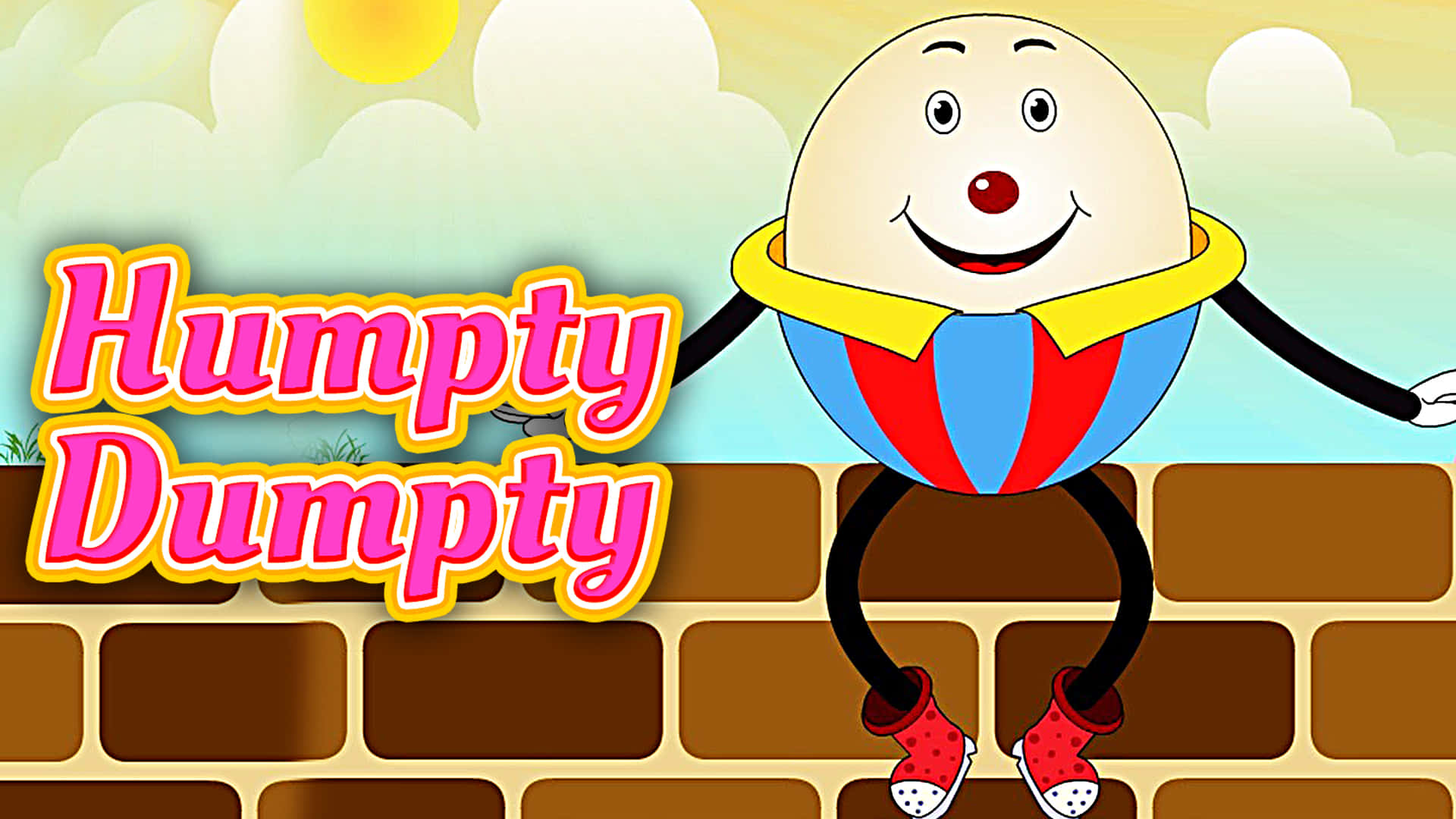 wall 桌布 壁紙 — 一個開心的卡通 Humpty Dumpty 坐在磚牆上，天空晴朗，有 fluffy 雲。