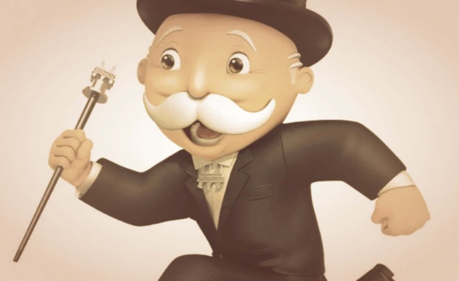 Monopoly Man 桌布 壁紙 — 一個開心的卡通Mr. Monopoly，身穿黑色西裝和高帽，手持拐杖，咧嘴大笑向前奔跑。