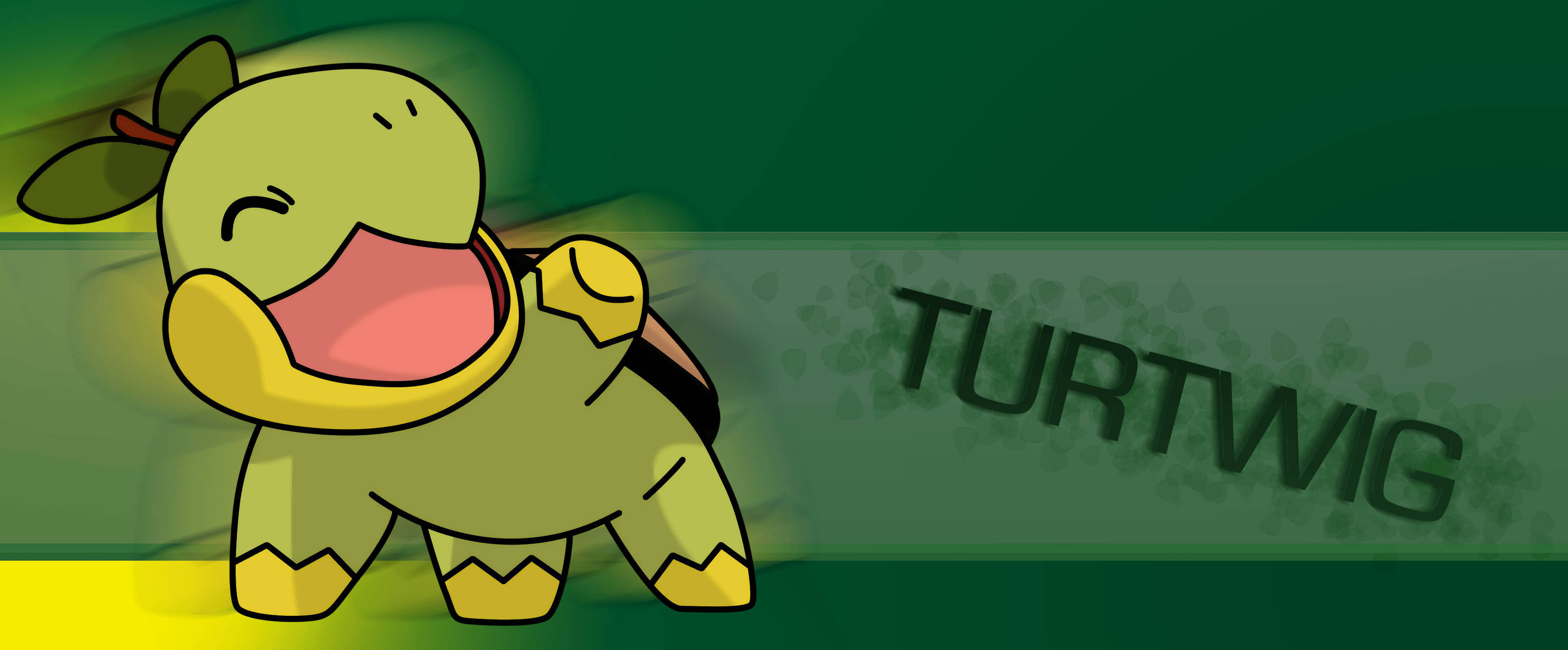 寶可夢 桌布 壁紙 — 一個開心的卡通Turtwig微笑著舉起雙臂，站在綠色漸變背景前，旁邊寫著它的名字。