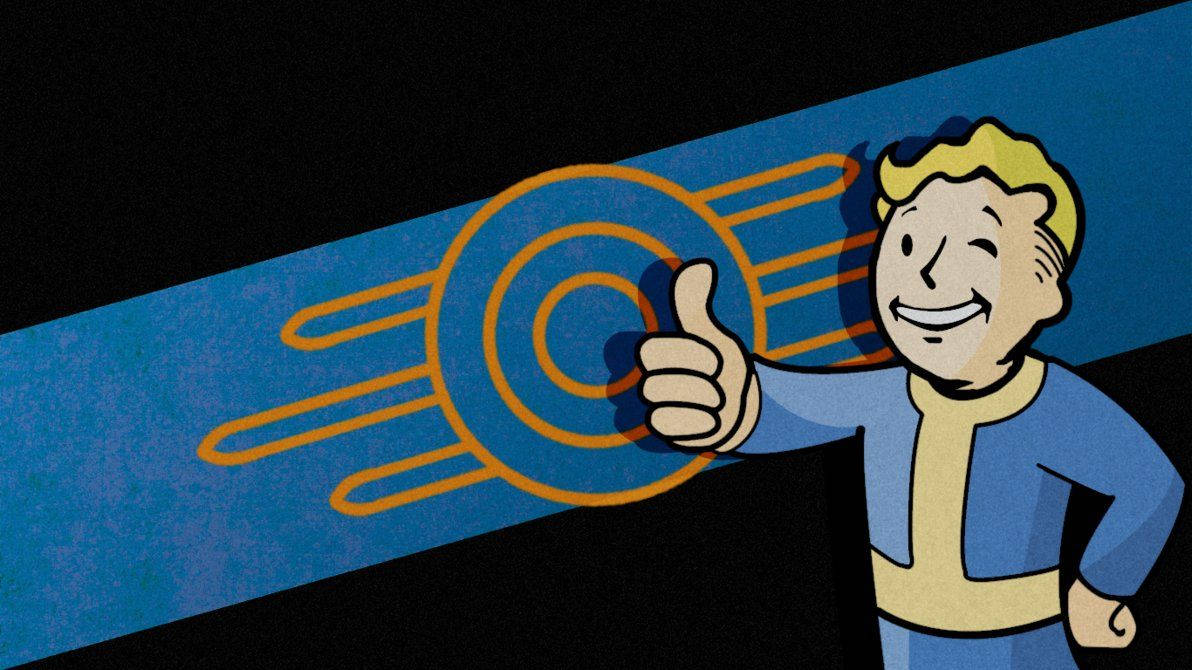 異塵餘生 桌布 壁紙 — 一個開心的卡通Vault Boy在藍色斜紋背景上豎起大拇指，背景有橙色原子符號。