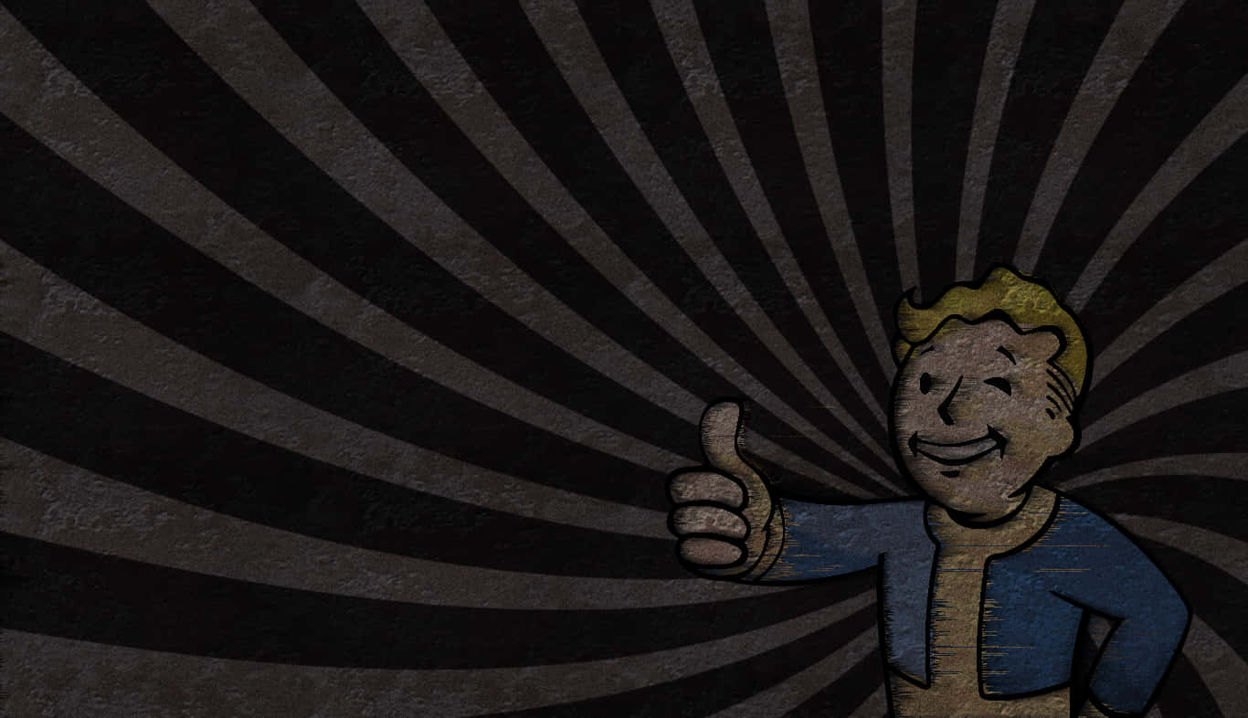 Vault Boy 桌布 壁紙 — 一個開心的卡通Vault Boy在黑暗的放射條紋背景前豎起大拇指。
