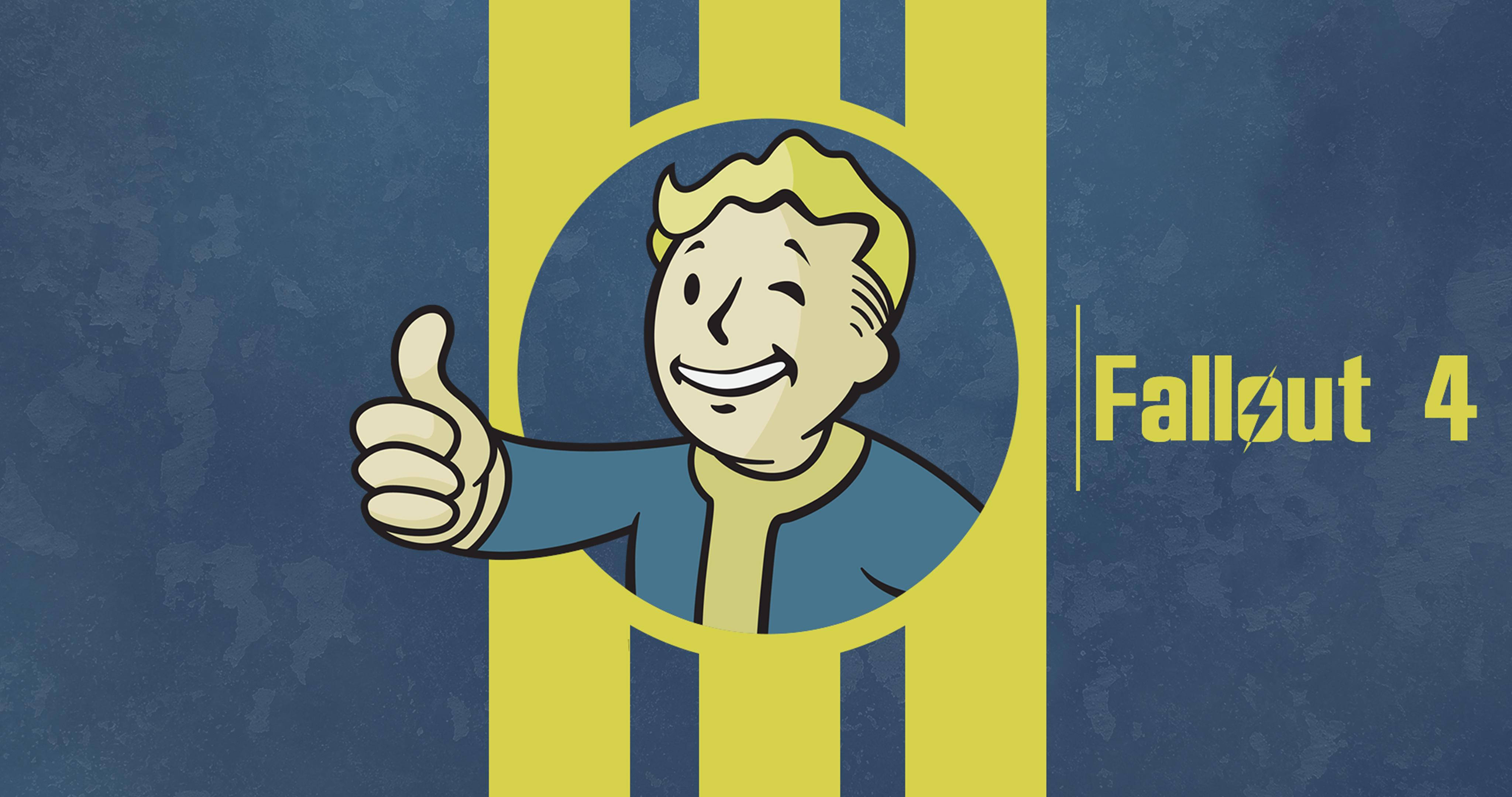 異塵餘生 桌布 壁紙 — 一個開心的卡通Vault Boy在黃色避難所標誌內豎起大拇指，背景是帶紋理的藍色，並有Fallout 4文字。