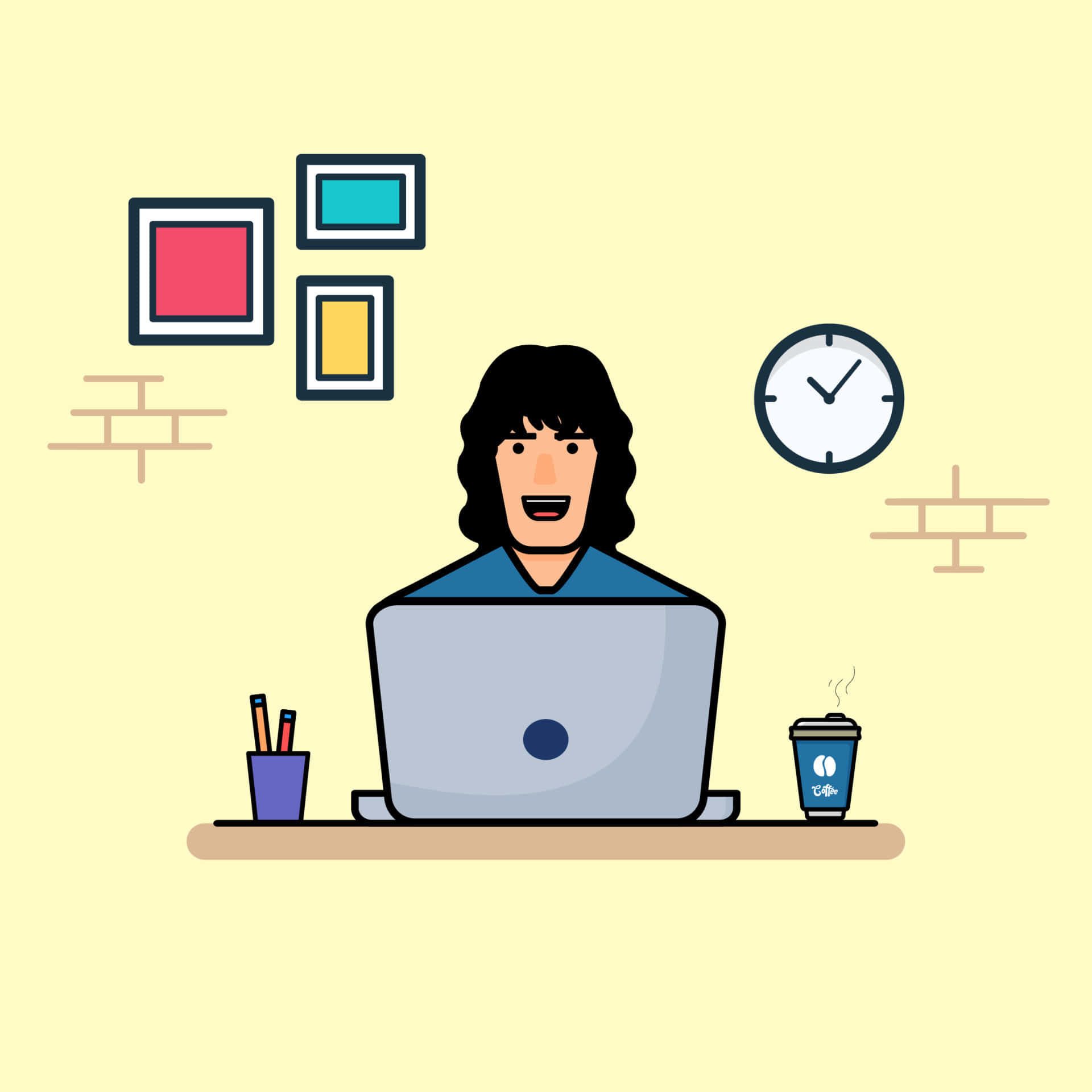 Working 桌布 壁紙 — 一個開心的卡通人物，深色頭髮，坐在書桌前使用筆記型電腦，附近有咖啡杯和美術用品。
