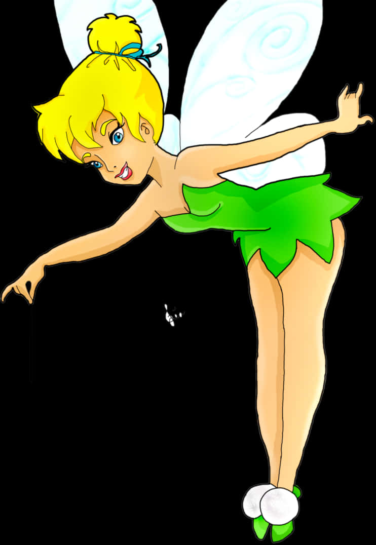 Peter Pan 桌布 壁紙 — 一個開心的卡通仙女，金髮和綠色葉裙，在黑色背景上優雅地飛翔。