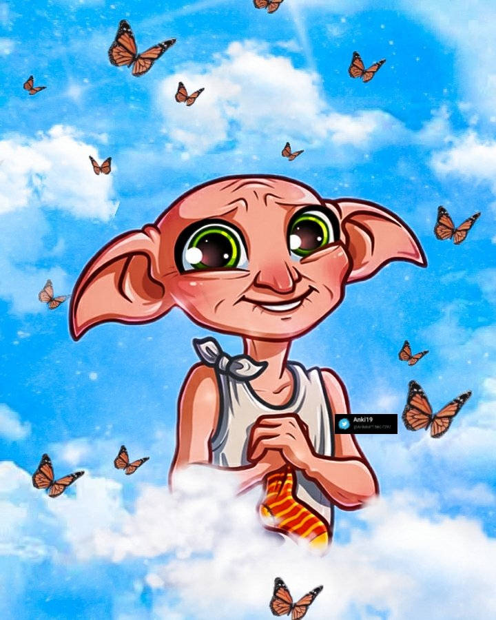 精靈 桌布 壁紙 — 一個開心的卡通多比漂浮在明亮的藍天中，周圍有翩翩起舞的帝王斑蝶和蓬鬆的白雲。