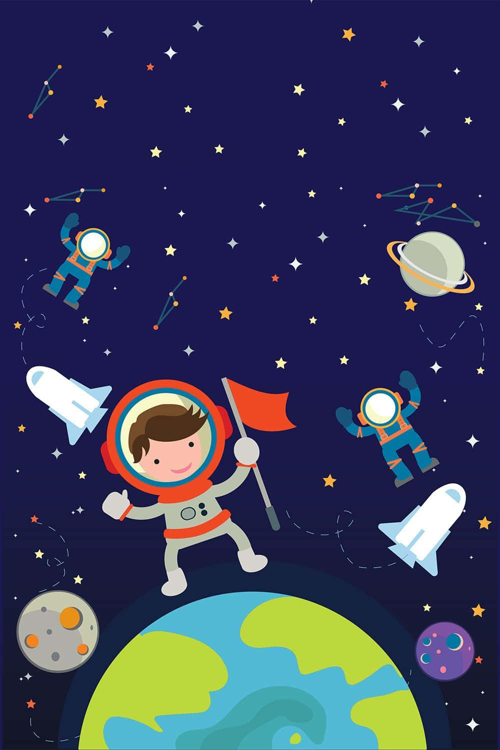 Cute Stars 桌布 壁紙 — 一個開心的卡通太空人在地球上揮動紅旗，而其他太空人和火箭正在探索充滿行星和星座的星空。