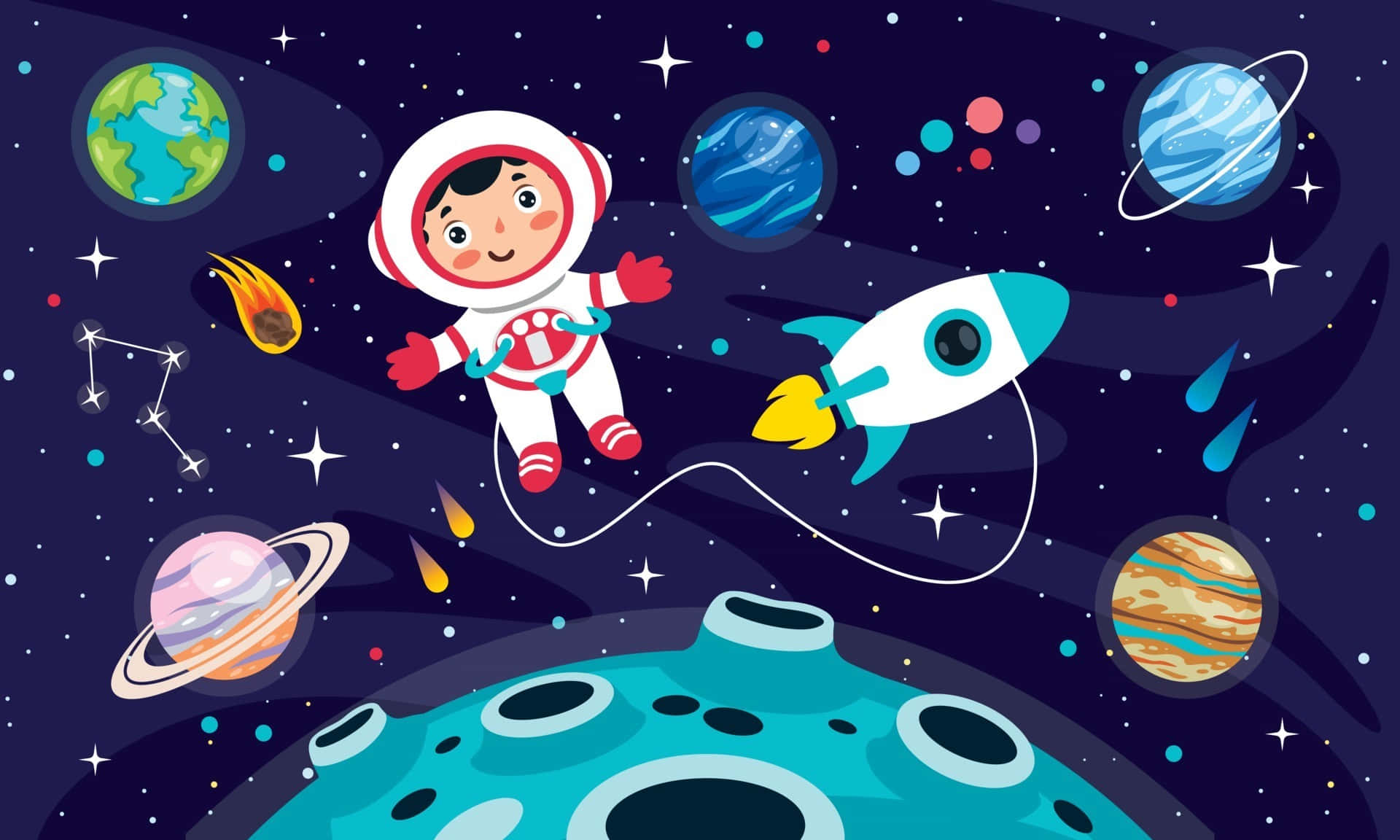 Cartoon Space 桌布 壁紙 — 一個開心的卡通太空人在火箭旁邊漂浮在太空，下方有行星、星星和月亮。