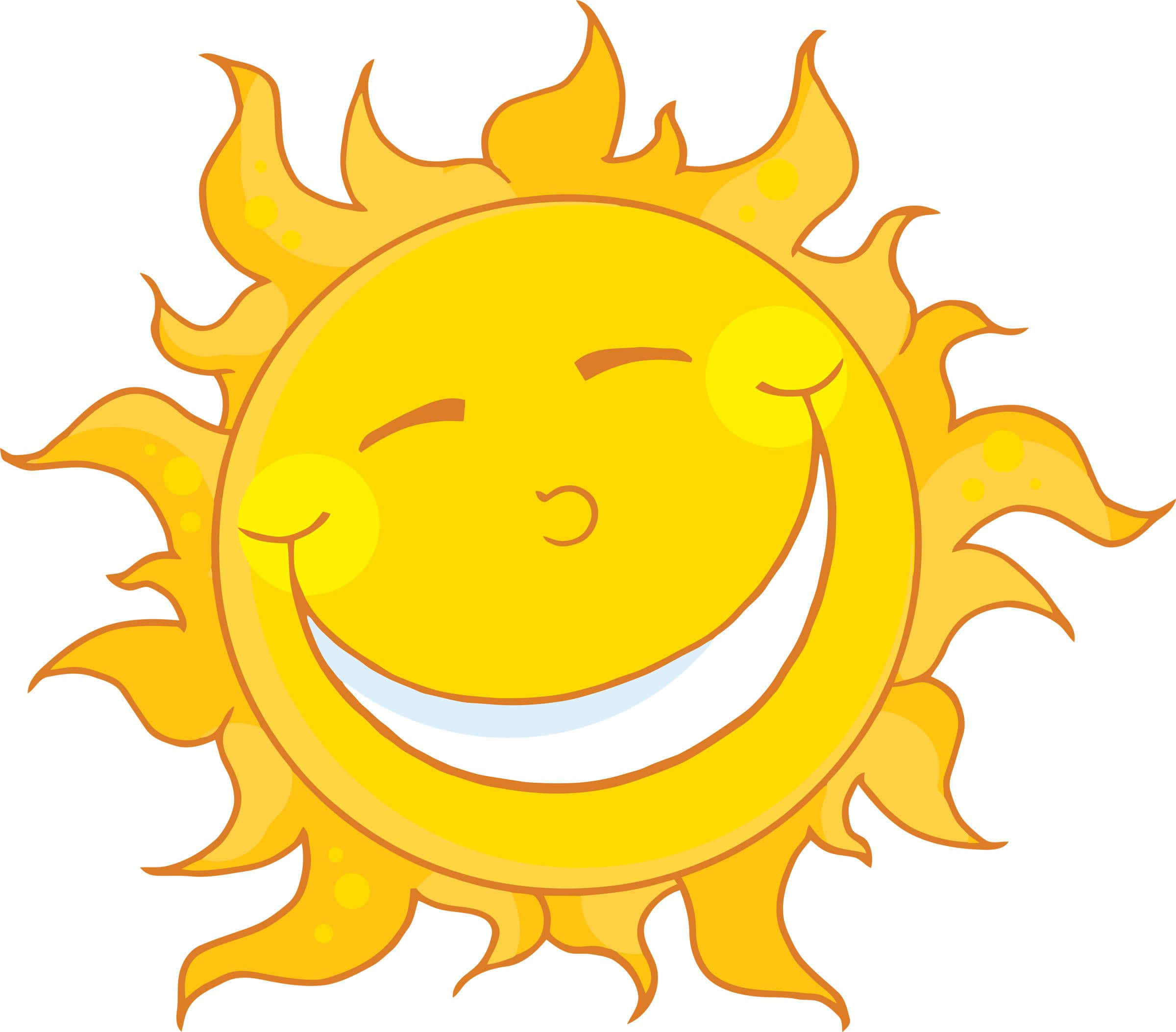 Sunshine 桌布 壁紙 — 一個開心的卡通太陽，有著寬闊的笑容和閉上的眼睛，在白色背景上散發出溫暖的黃色光芒。