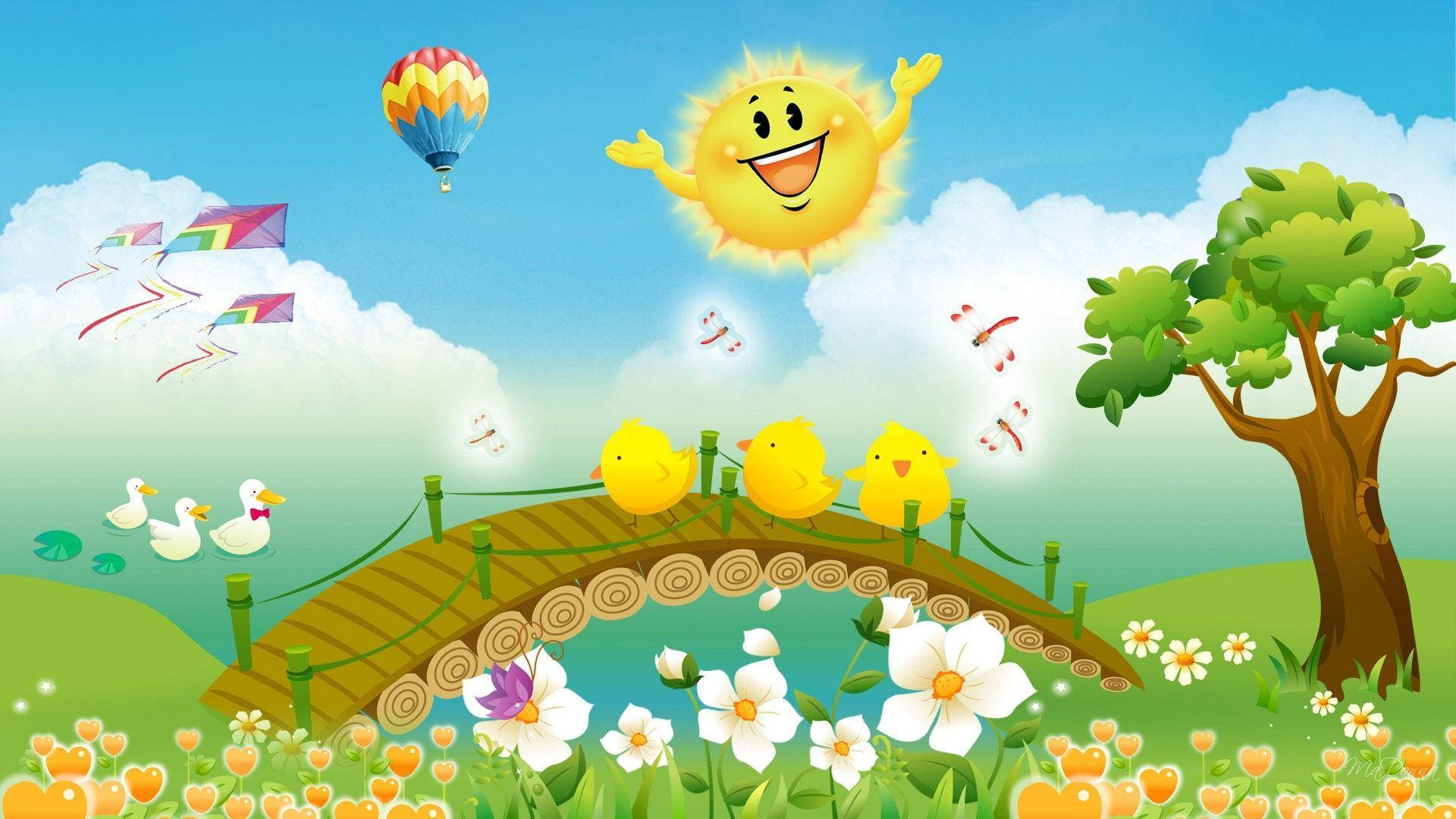 小孩動圖 桌布 壁紙 — 一個開心的卡通太陽在木橋上揮手，橋上有黃色小雞，周圍有花朵、鴨子、風箏和熱氣球，在明亮的藍天下。