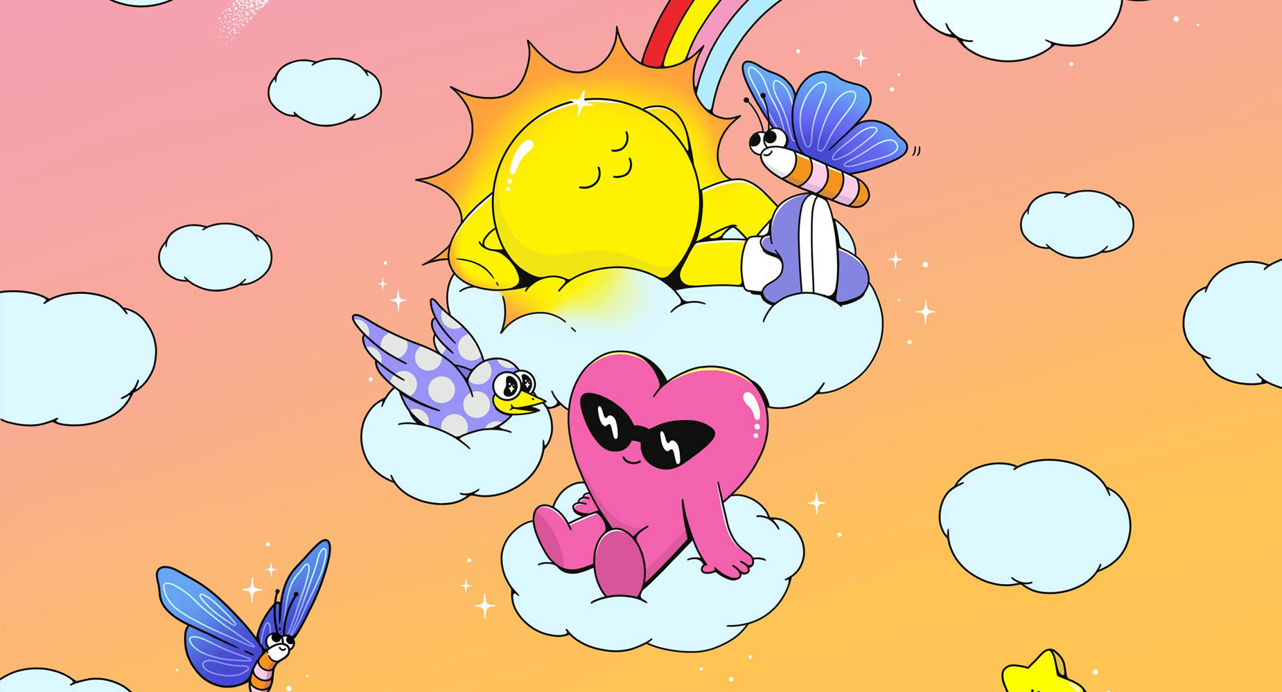 mental health 桌布 壁紙 — 一個開心的卡通太陽在雲上休息，旁邊有一個戴著太陽眼鏡的粉紅色心形，還有藍色蝴蝶在粉彩天空飛舞。
