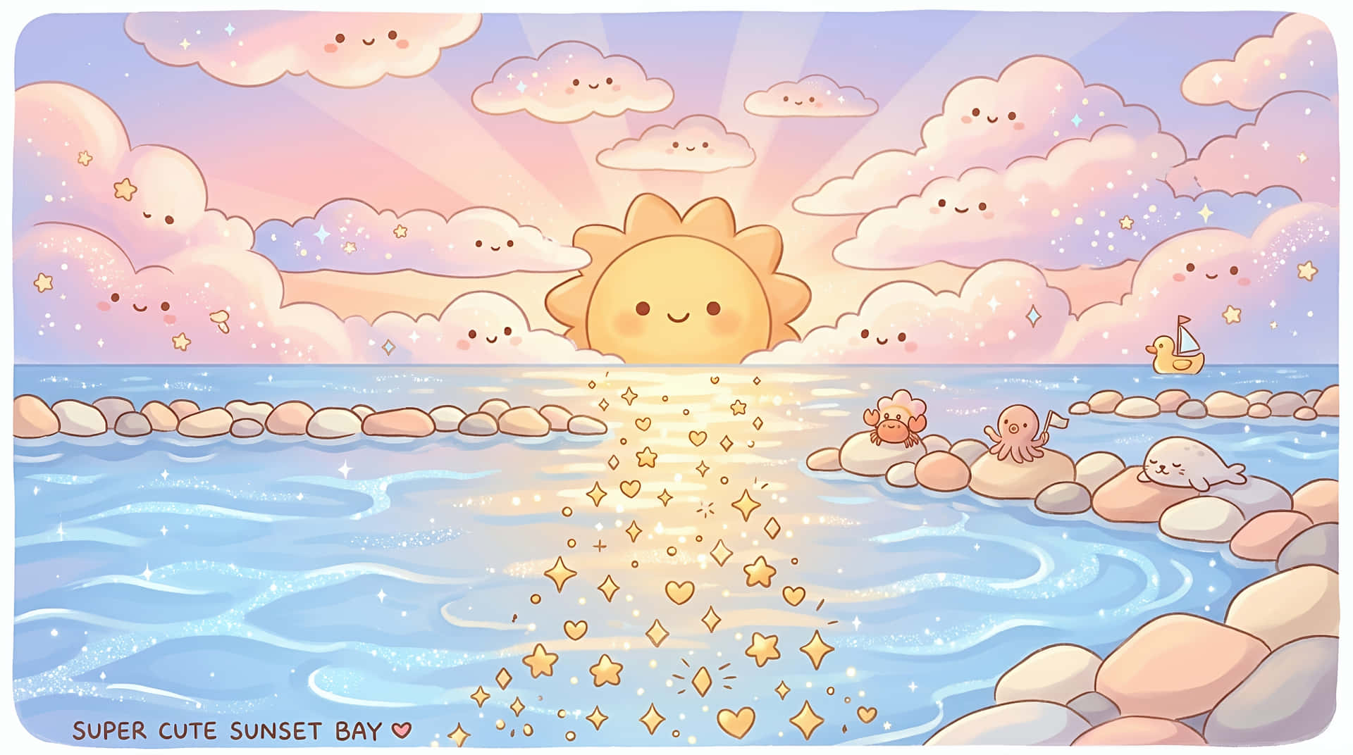 Whimsical Kawaii Super Cute Sunset Bay with Smiling Sun and Clouds 壁紙 — 一個開心的卡通太陽照耀著閃閃發光的海灣，上面有微笑的雲朵漂浮，可愛的海洋生物在岩石上休息。