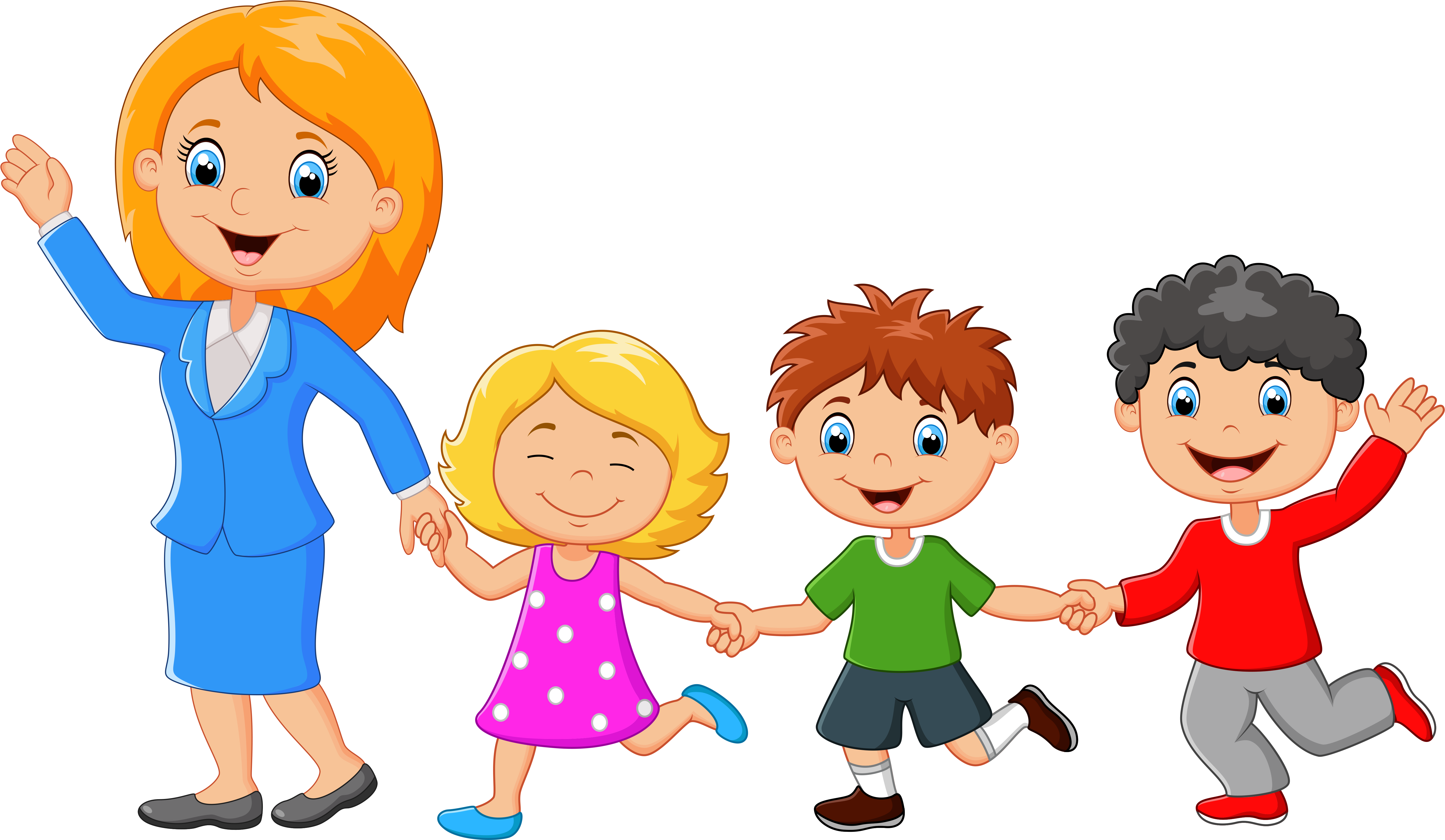 parenting 桌布 壁紙 — 一個開心的卡通女人和三個孩子手牽手，在黑色背景前揮手。