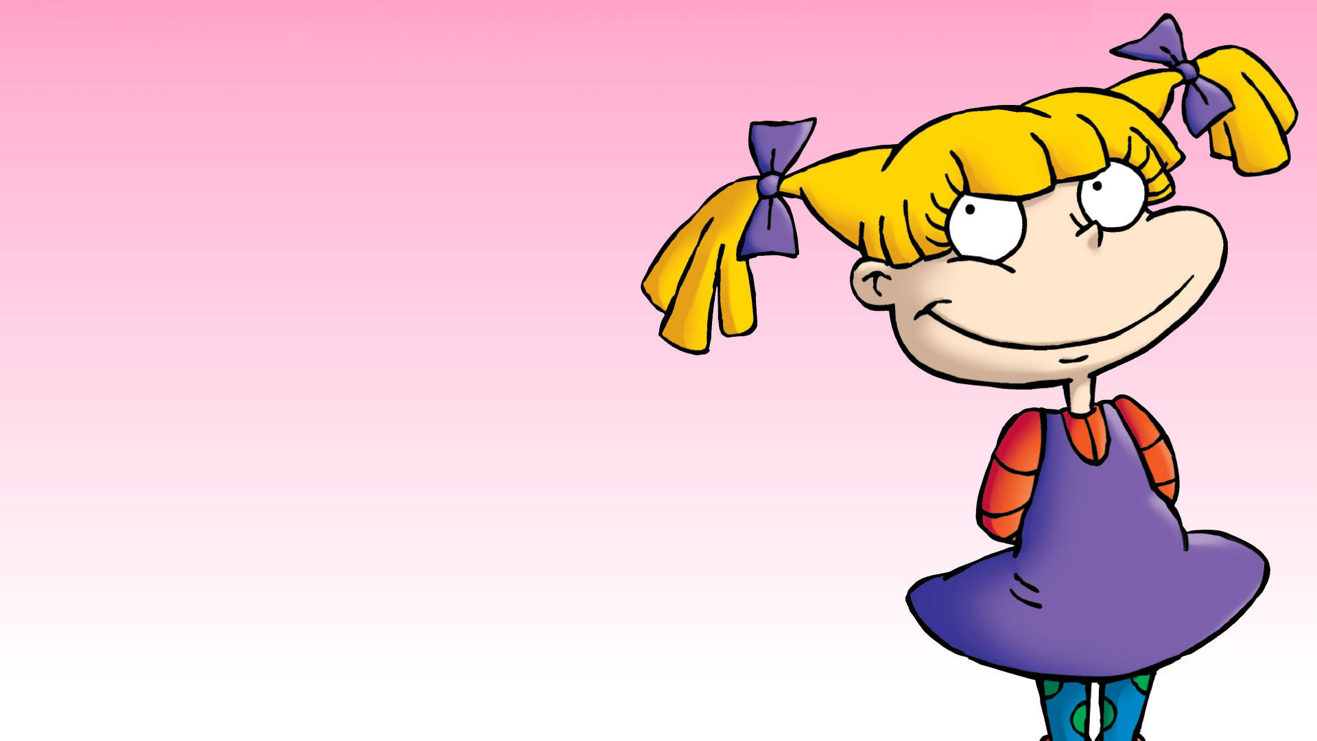 angelica pickles 桌布 壁紙 — 一個開心的卡通女孩，扎著黃色辮子，繫著紫色蝴蝶結，在柔和的粉紅色漸變背景上微笑。