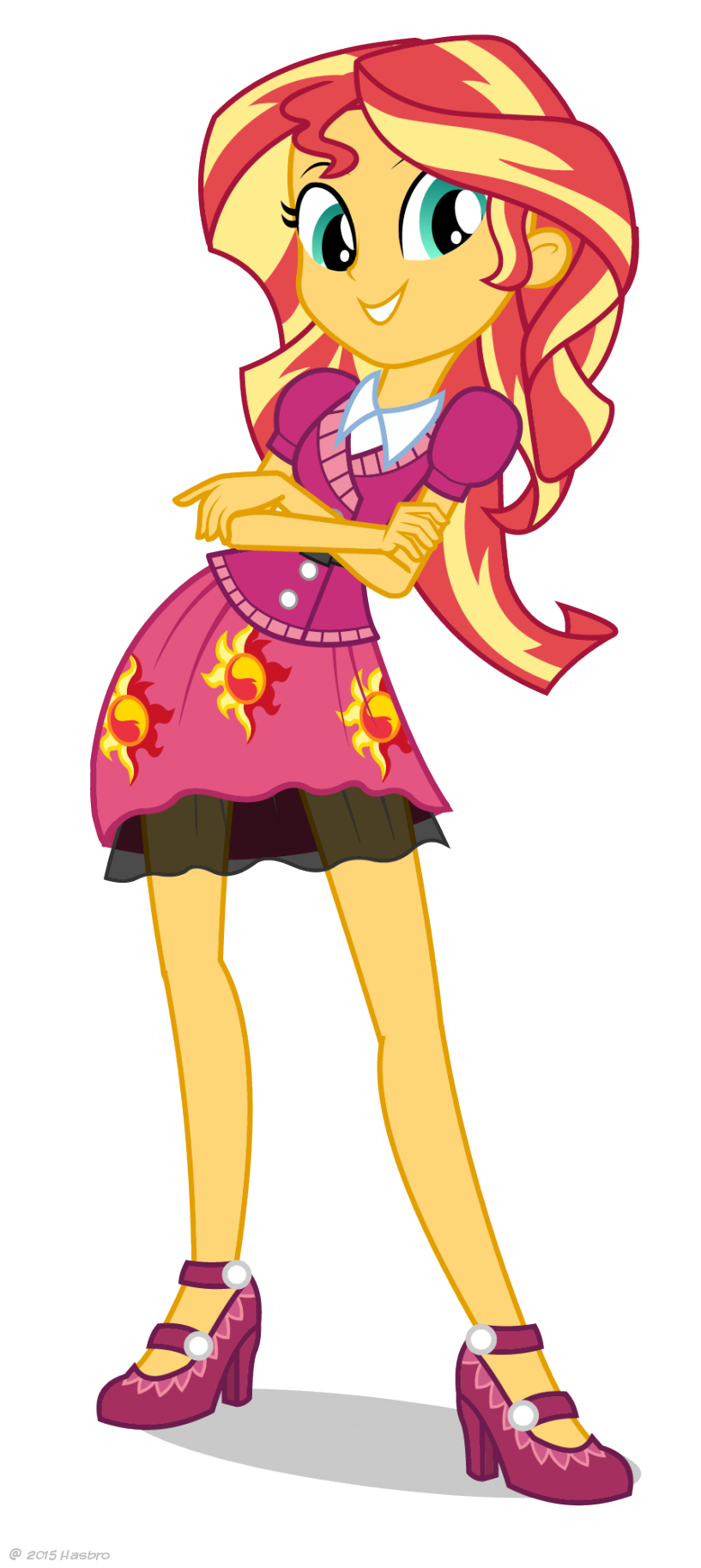 Cartoon 桌布 壁紙 — 一個開心的卡通女孩，擁有火紅和黃色的頭髮，穿著帶有火焰圖案的粉紅色連衣裙和紫色高跟鞋，背景是深色紋理。