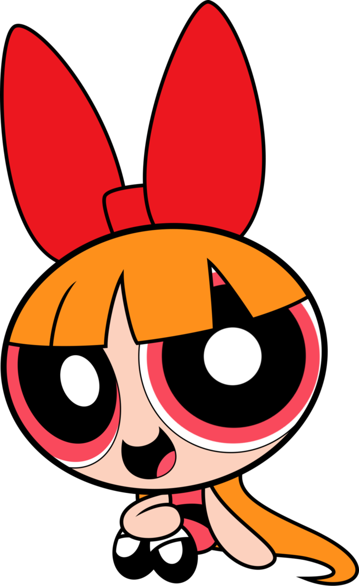 Powerpuff Girls 桌布 壁紙 — 一個開心的卡通女孩，有著橙色頭髮和巨大的紅邊眼睛，戴著紅色蝴蝶結，在黑色背景上微笑。
