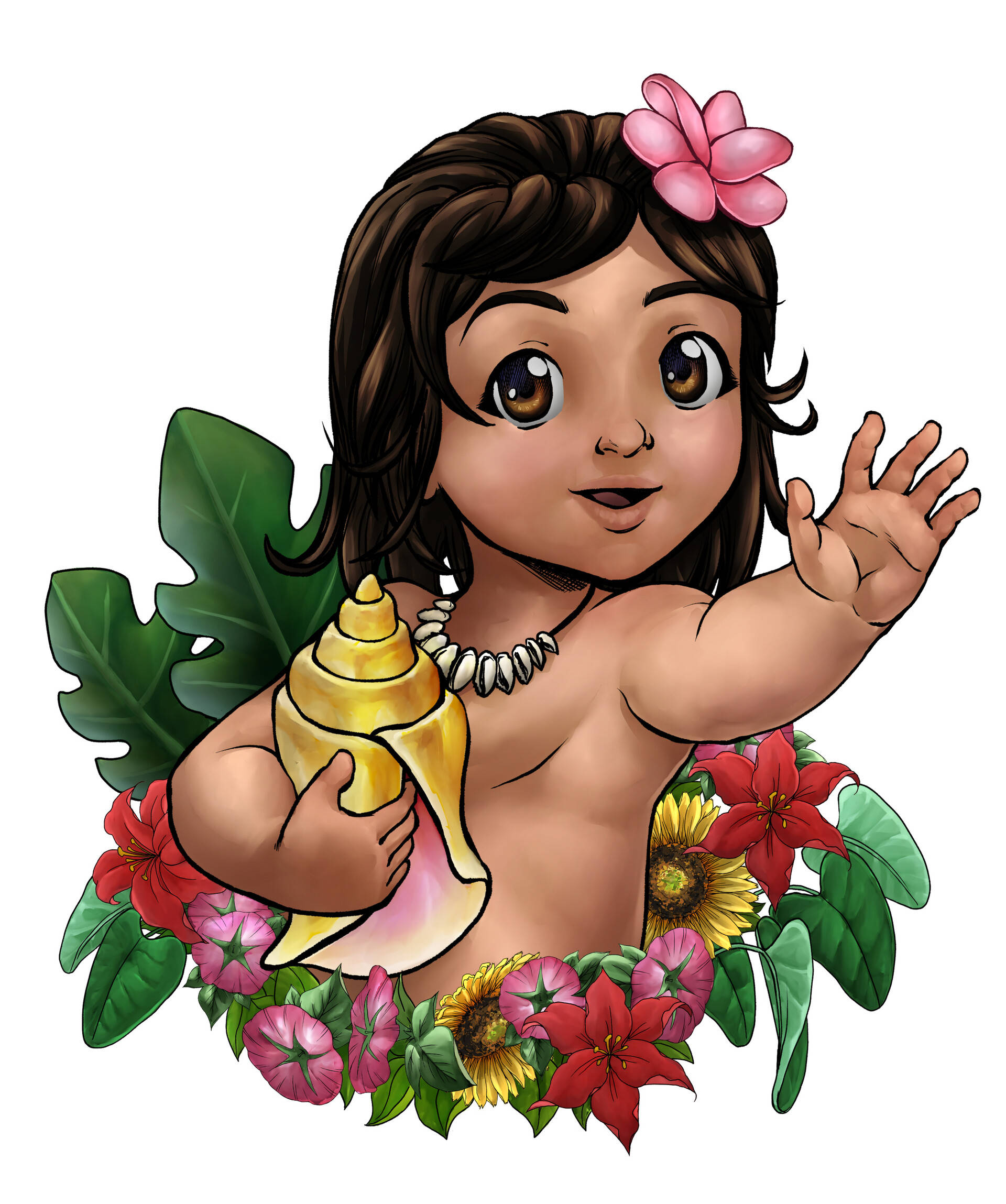 Baby Moana 桌布 壁紙 — 一個開心的卡通女孩，棕色頭髮，戴著粉紅色的花，揮手時手持金色海螺，周圍環繞著熱帶花卉和樹葉。