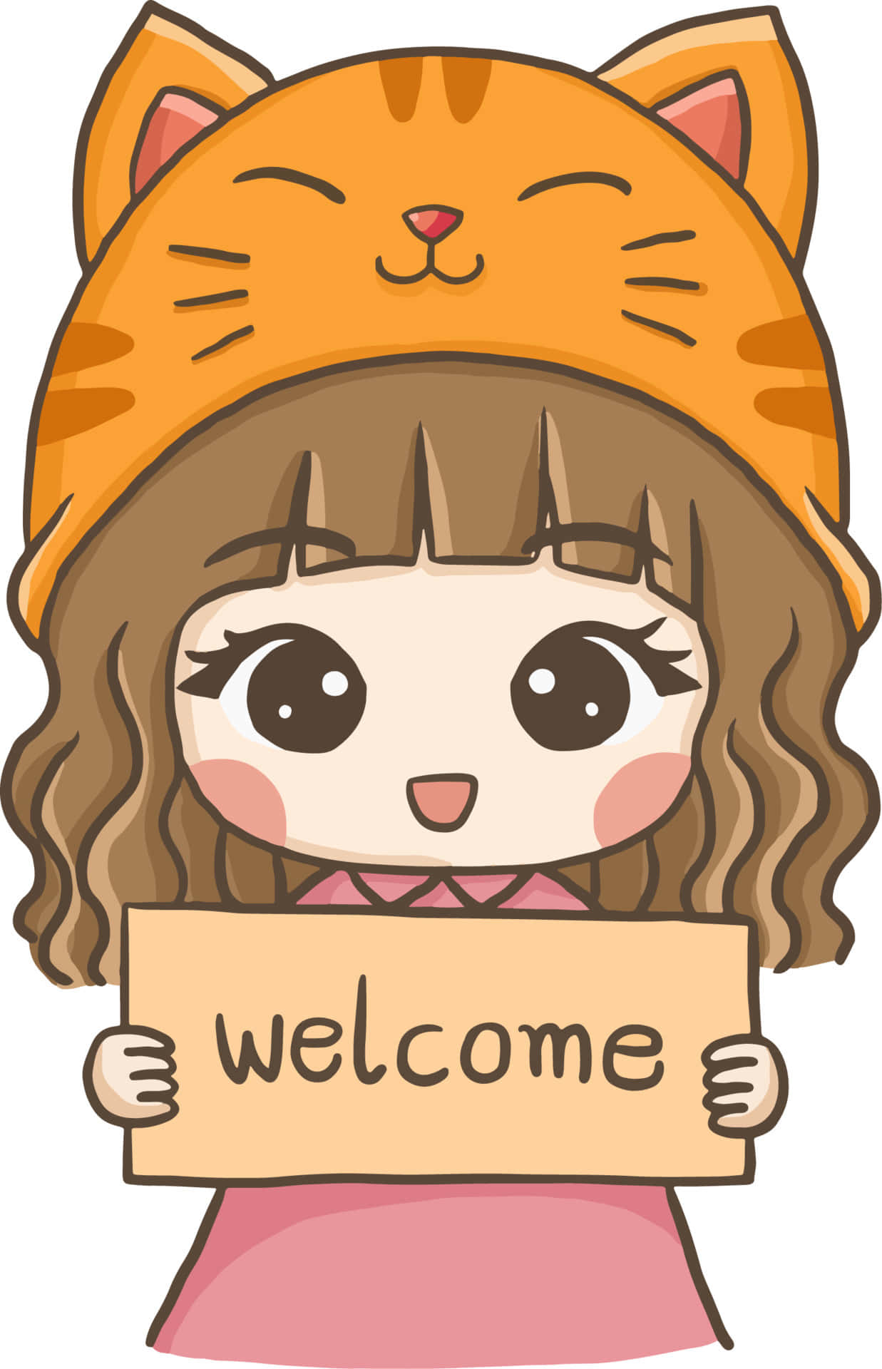 Cute Girl 桌布 壁紙 — 一個開心的卡通女孩，棕色頭髮，戴著橙色貓帽，拿著歡迎牌，有大眼睛和玫瑰色臉頰。