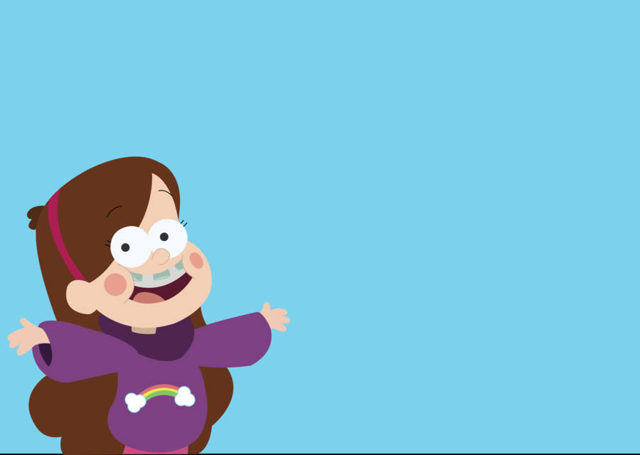Mabel 桌布 壁紙 — 一個開心的卡通女孩，棕色頭髮，穿著紫色襯衫，在純藍色背景上燦爛地微笑。