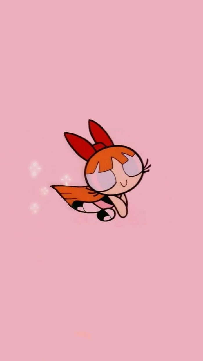 girly pink aesthetic 桌布 壁紙 — 一個開心的卡通女孩，橙色頭髮和紅色蝴蝶結，在帶有閃粉的柔和粉紅色背景上輕輕漂浮。