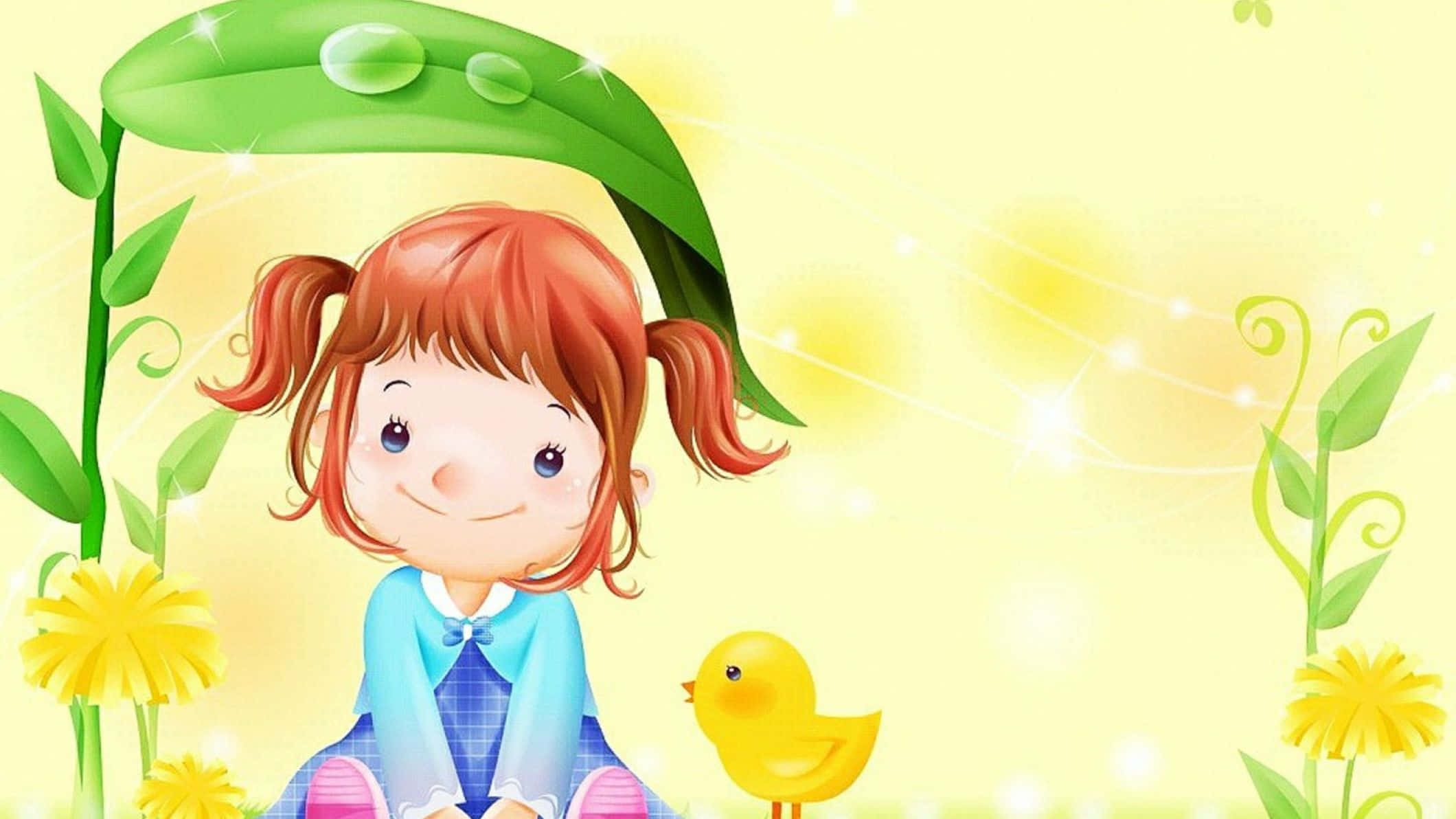 Animated Cartoon 桌布 壁紙 — 一個開心的卡通女孩，紅色雙馬尾，坐在一片大葉子下，旁邊有一隻黃色小雞，周圍是蒲公英和發光的閃爍光芒。