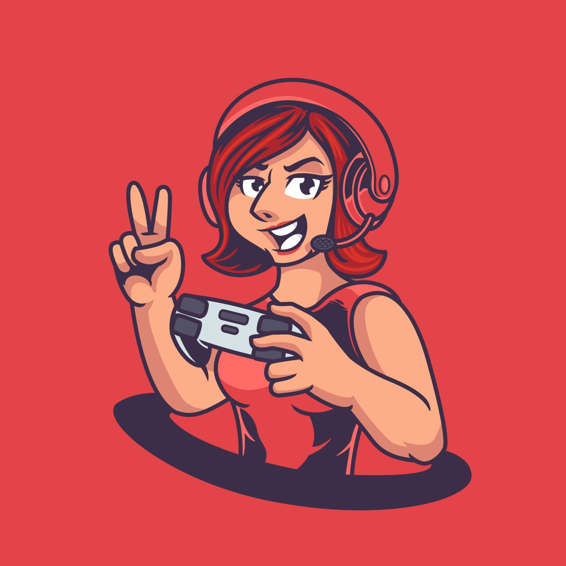 Gamer Logo 桌布 壁紙 — 一個開心的卡通女孩，紅髮戴耳機，拿著遊戲控制器，在純紅色背景前比出和平手勢。