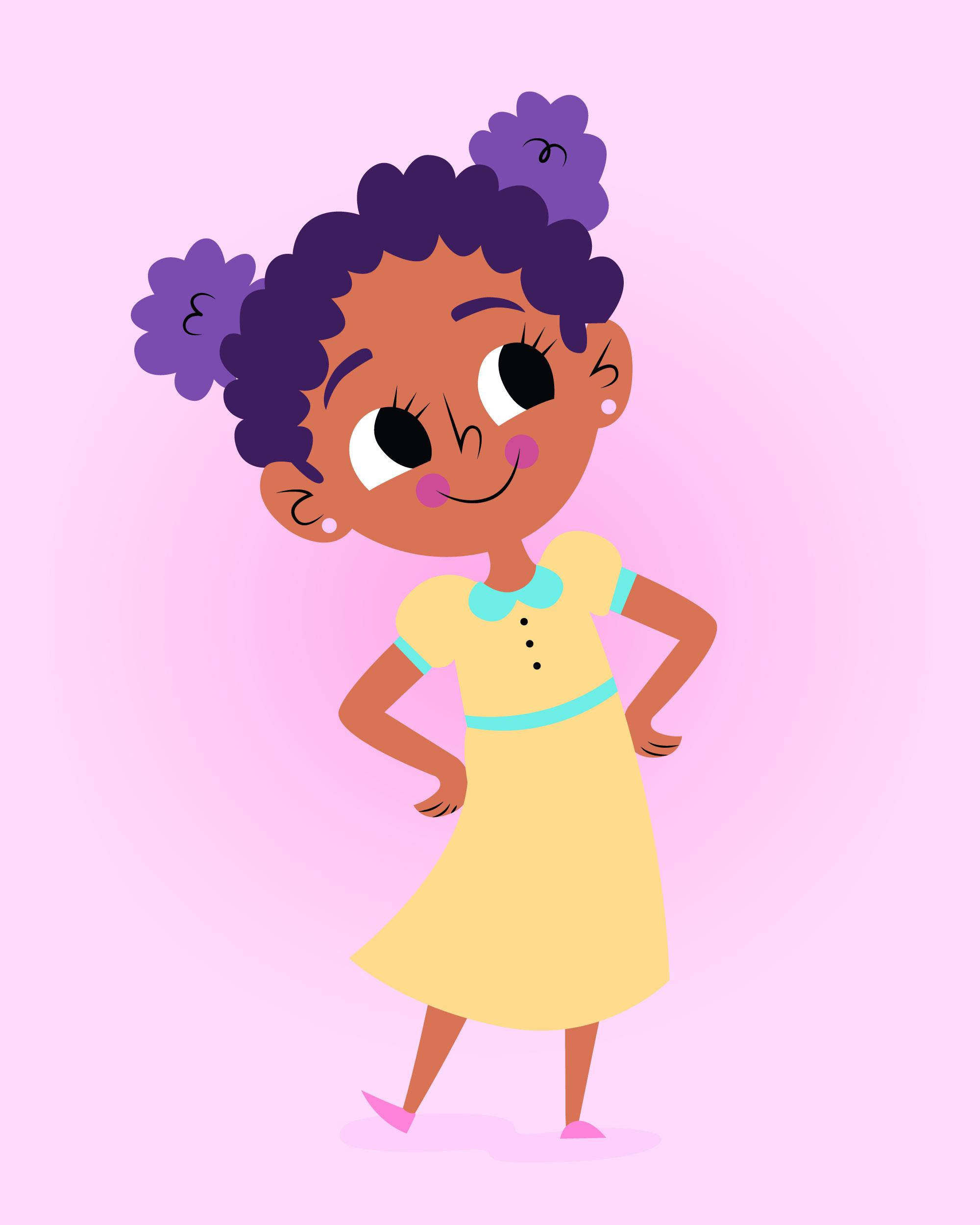 black cartoon girl 桌布 壁紙 — 一個開心的卡通女孩，紫色蓬鬆頭髮，黃色連衣裙，自信地站在柔和的粉紅色背景前。