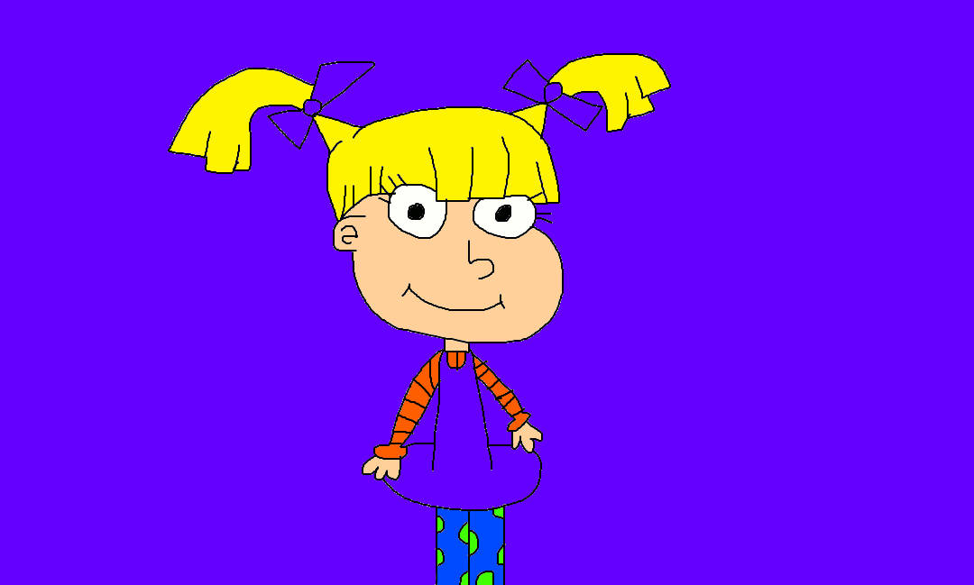angelica pickles 桌布 壁紙 — 一個開心的卡通女孩，紮著黃色辮子，戴著紫色蝴蝶結，站在純紫色背景前。