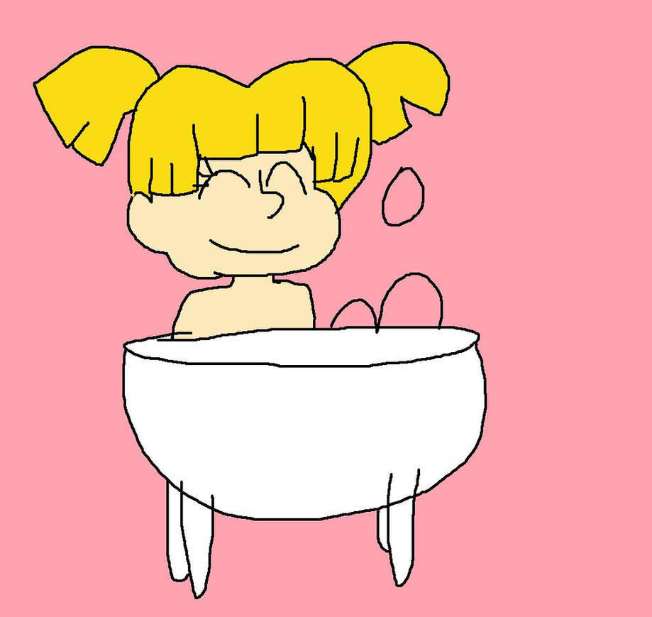 angelica pickles 桌布 壁紙 — 一個開心的卡通女孩，紮著黃色辮子，在粉紅色背景下的白色浴缸中泡泡泡浴，面帶微笑。