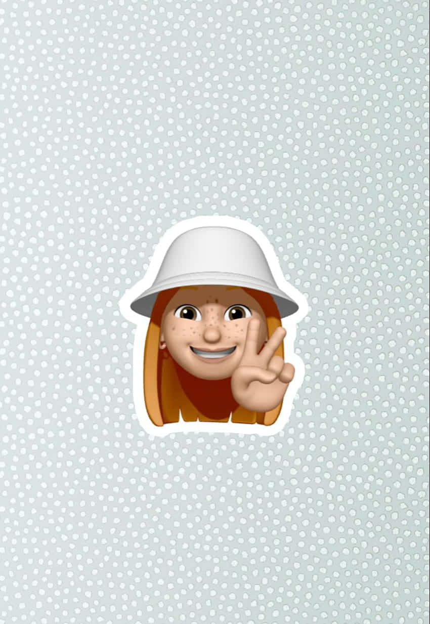 Cute Pfp For TikTok 桌布 壁紙 — 一個開心的卡通女孩，臉上有雀斑，戴著白色漁夫帽，在淺藍色圓點背景前做出和平手勢。
