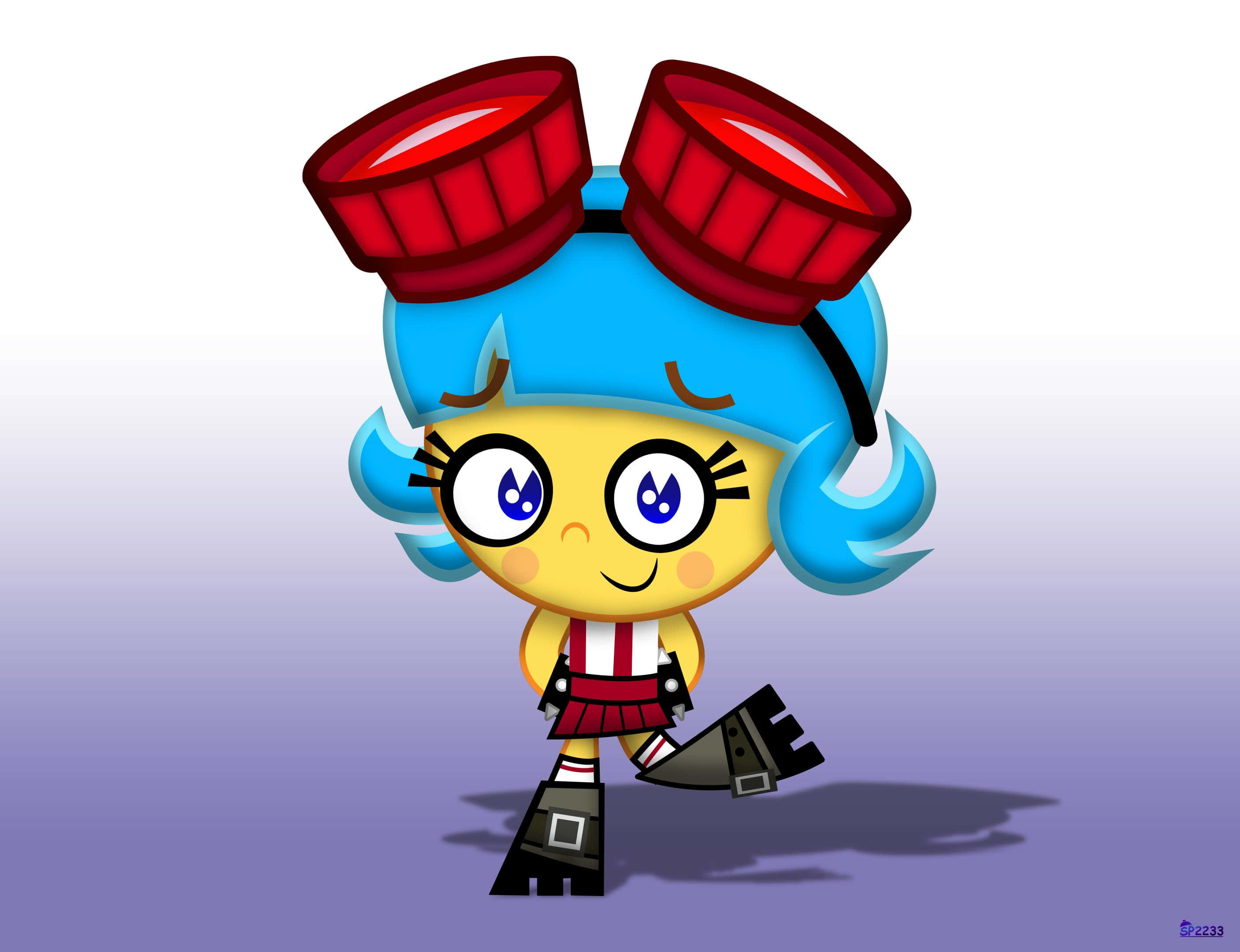 Cartoon Characters 桌布 壁紙 — 一個開心的卡通女孩，藍色頭髮和紅色護目鏡，穿著條紋服裝和黑色靴子微笑。