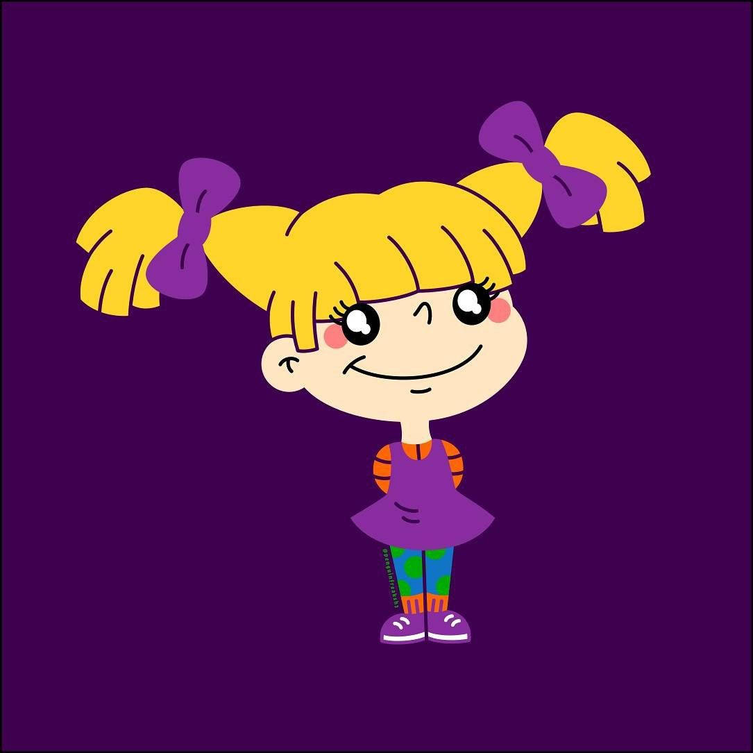 angelica pickles 桌布 壁紙 — 一個開心的卡通女孩，金色雙馬尾辮和紫色蝴蝶結，在純紫色背景上微笑。