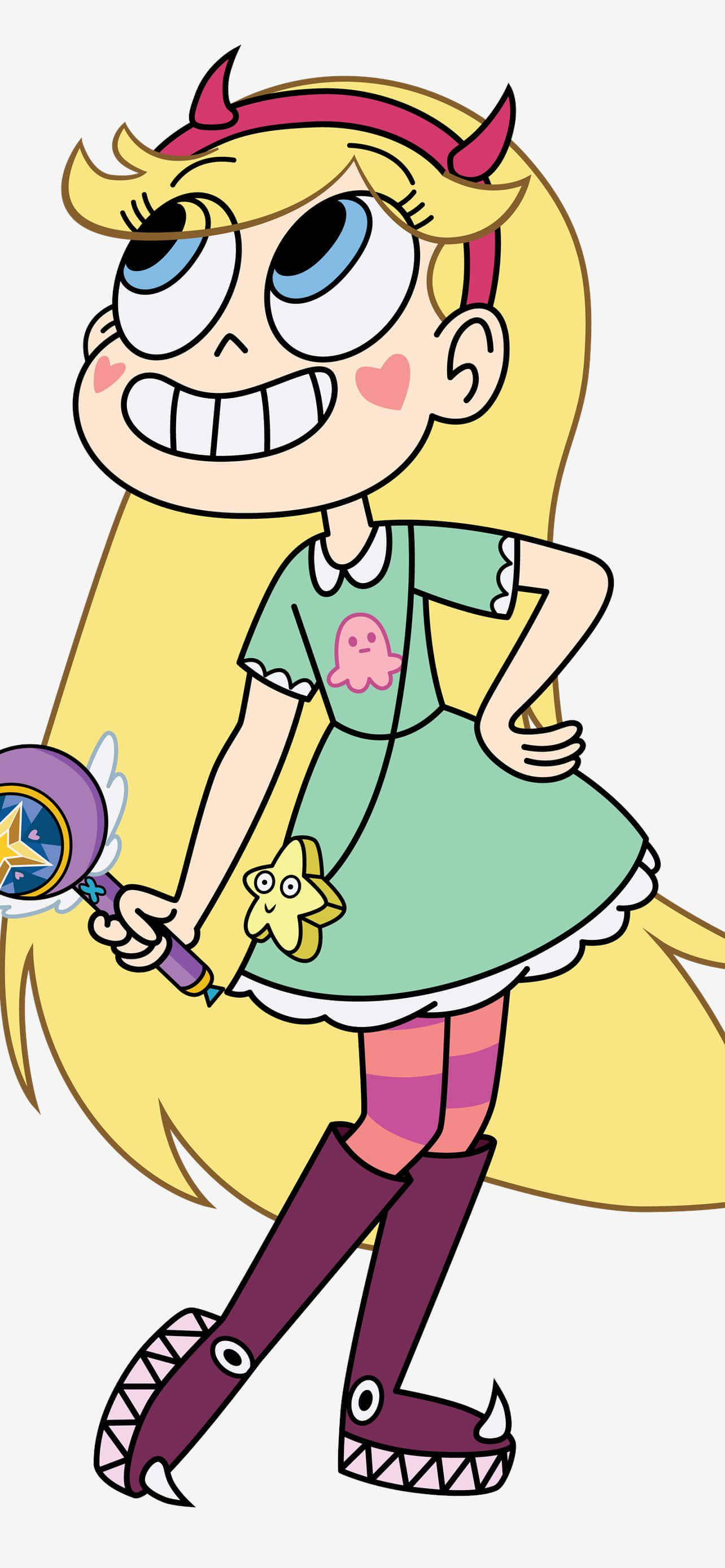 Star Vs The Forces Of Evil 桌布 壁紙 — 一個開心的卡通女孩，金髮和惡魔角，微笑著拿著魔法棒。