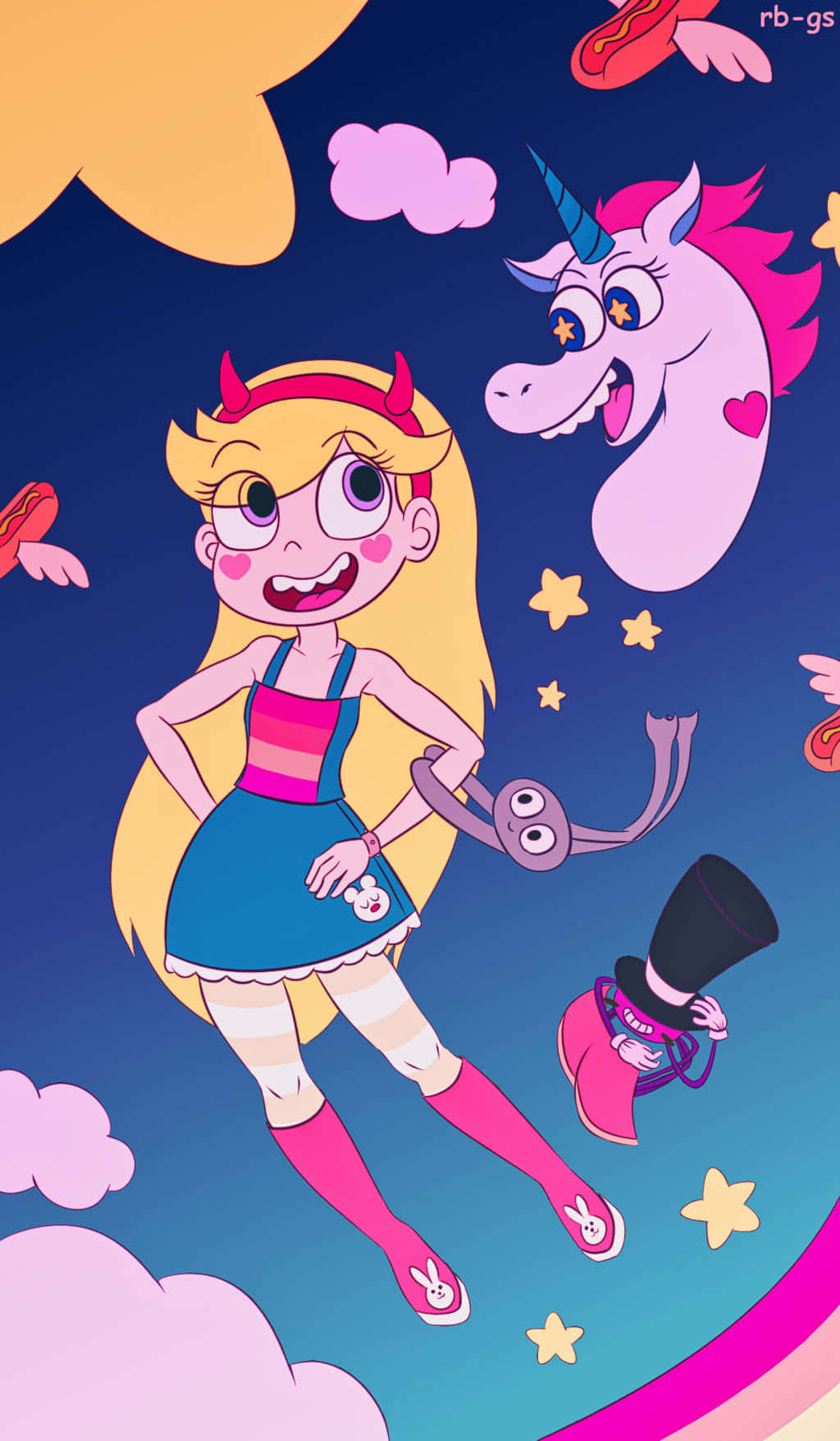 Star Vs The Forces Of Evil 桌布 壁紙 — 一個開心的卡通女孩，金髮紅角，在星空下與粉紅獨角獸和漂浮的熱狗一起漂浮。