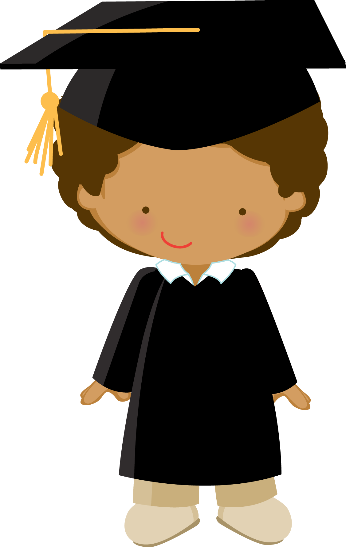 Toga 桌布 壁紙 — 一個開心的卡通女孩，長長的棕色頭髮，戴著黑色畢業帽和袍，還有金色流蘇。