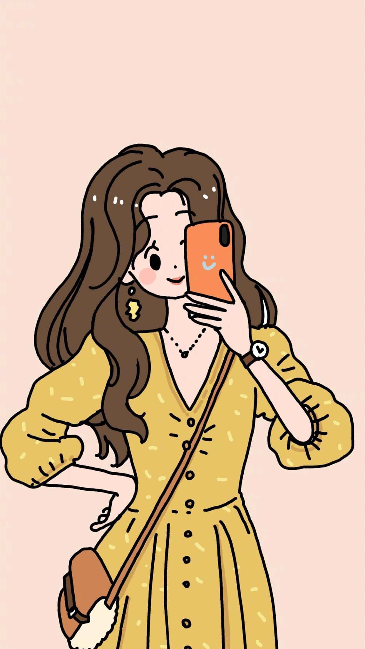 動漫女孩 桌布 壁紙 — 一個開心的卡通女孩，長長的棕色頭髮，穿著黃色連身裙，在柔和粉紅色背景前自拍。
